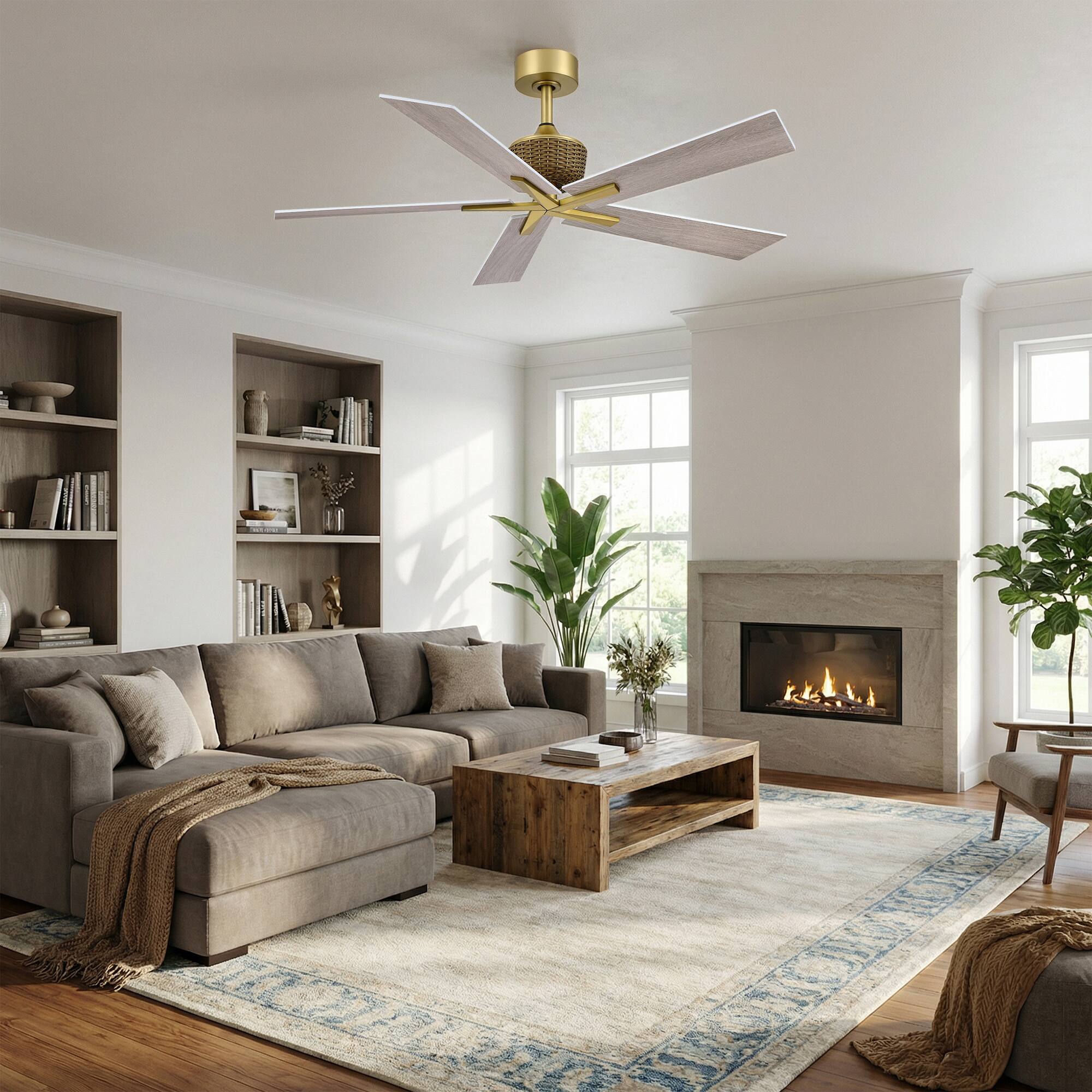 Left. Parrot Uncle - 52" Weathered Grey Oak Plywood 5-Blade Indoor Ceiling Fan with Remote and No Light - Gold.