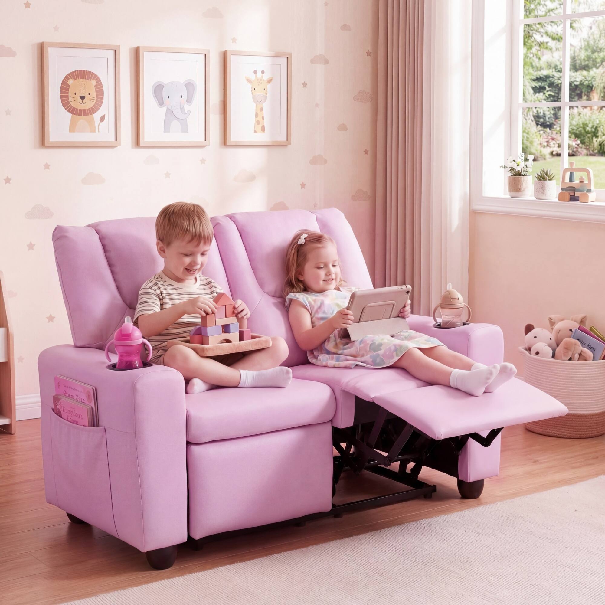 Alt View 5. Costway - Costway 2-Seater Kids Recliner with Cup Holders Side Storage Pockets Adjustable Backrest - Pink.