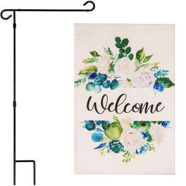G128 - Combo Pack: 36 x 16 in Garden Flag Stand & 12 x 18 in Double-Sided Burlap Garden Flag - Elegant Floral Arrangement - Assorted Colors