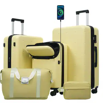 Front. HTUTWOO - Hardside Luggage - 5 Piece with Bags -20" Half-opening Carry on with USB Port,Expandable 24"/28",Spinner Wheels,TSA Lock - Yellow.