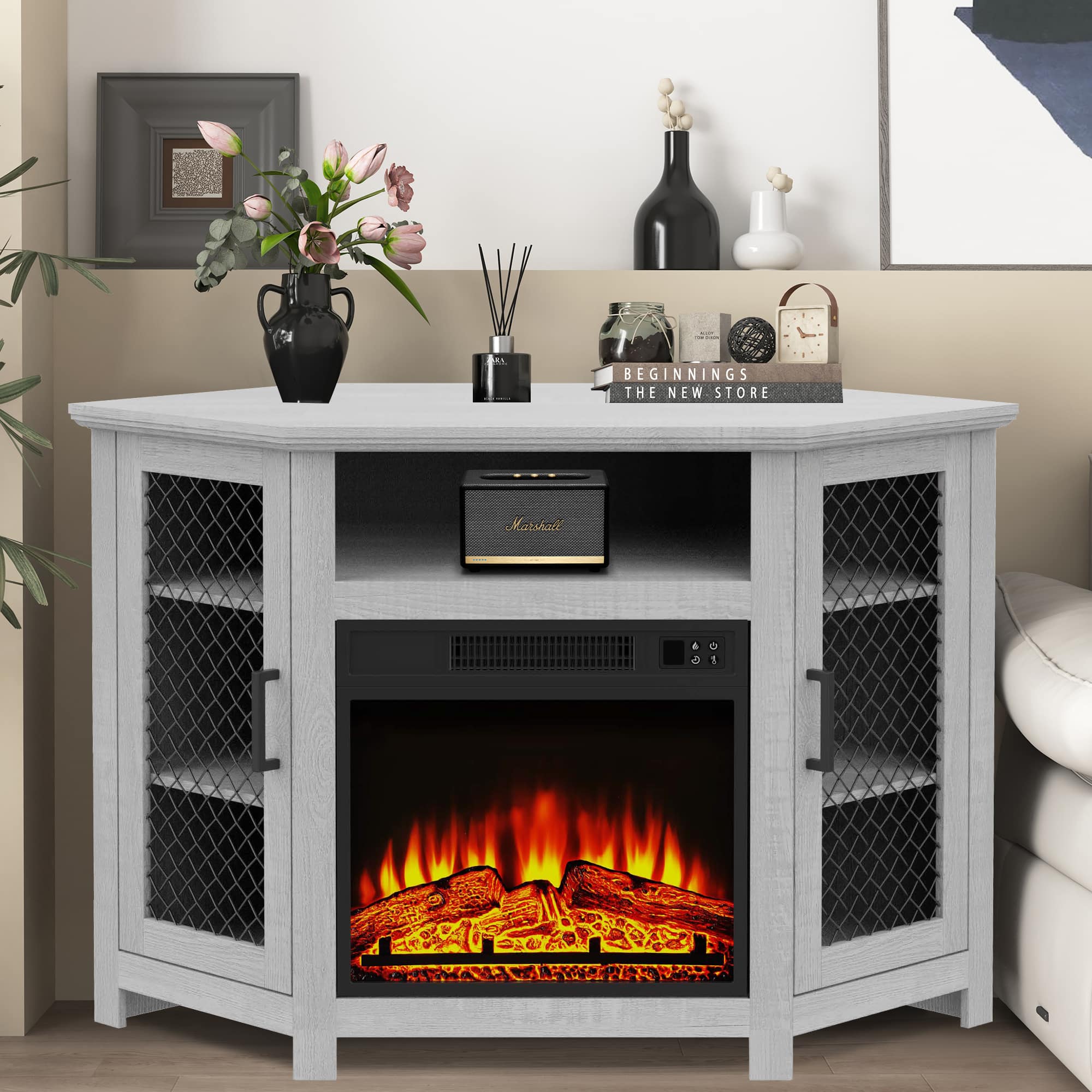 Ihomeadore - 45" Farmhouse Corner Electric Fireplace TV Stand Media Console For TVs Up To 50" With Fireplace - Gray