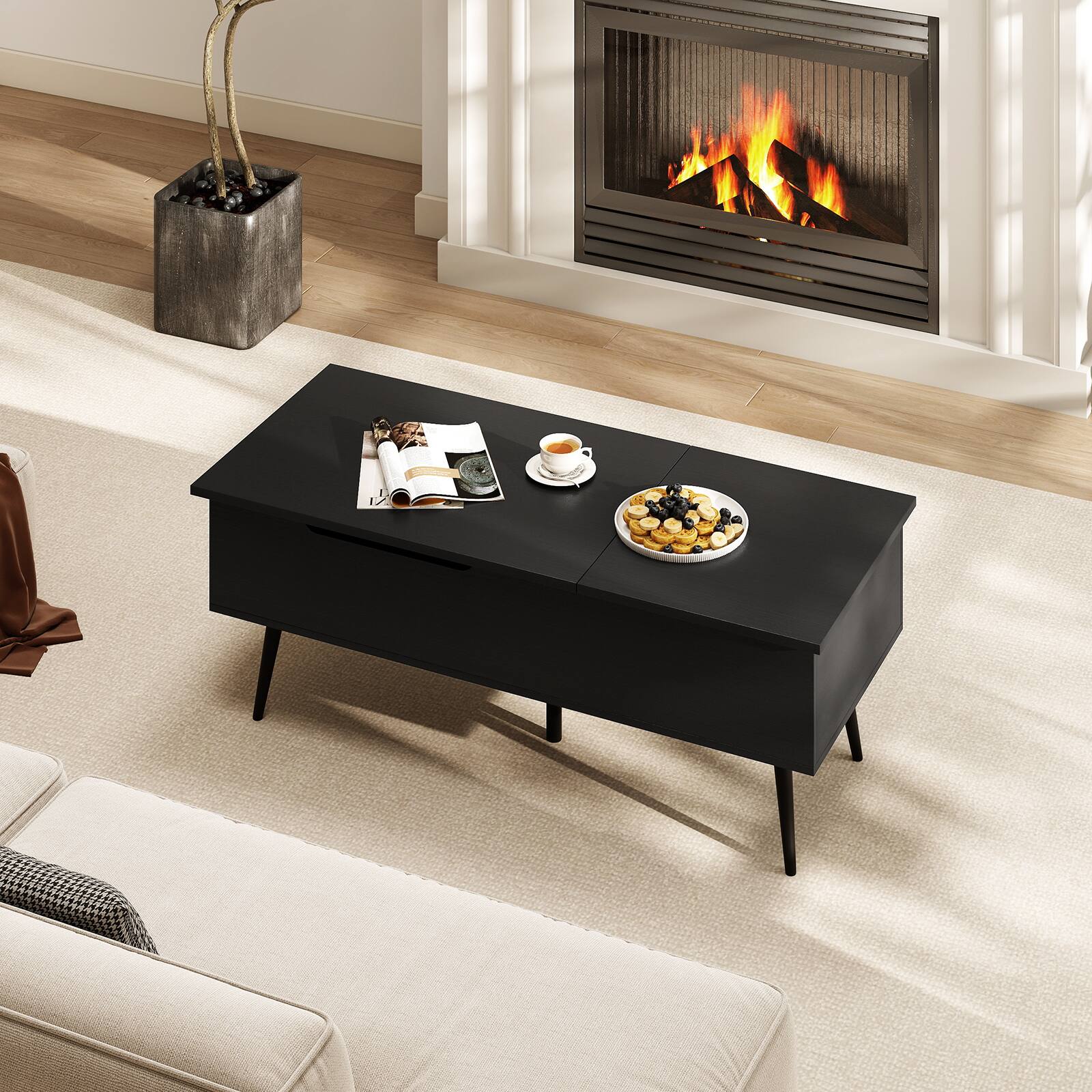 Alt View 3. Gymax - Gymax Lift Top Coffee Table w/ Split Top & 2 Hidden Compartments Tapered Metal Legs - Black.