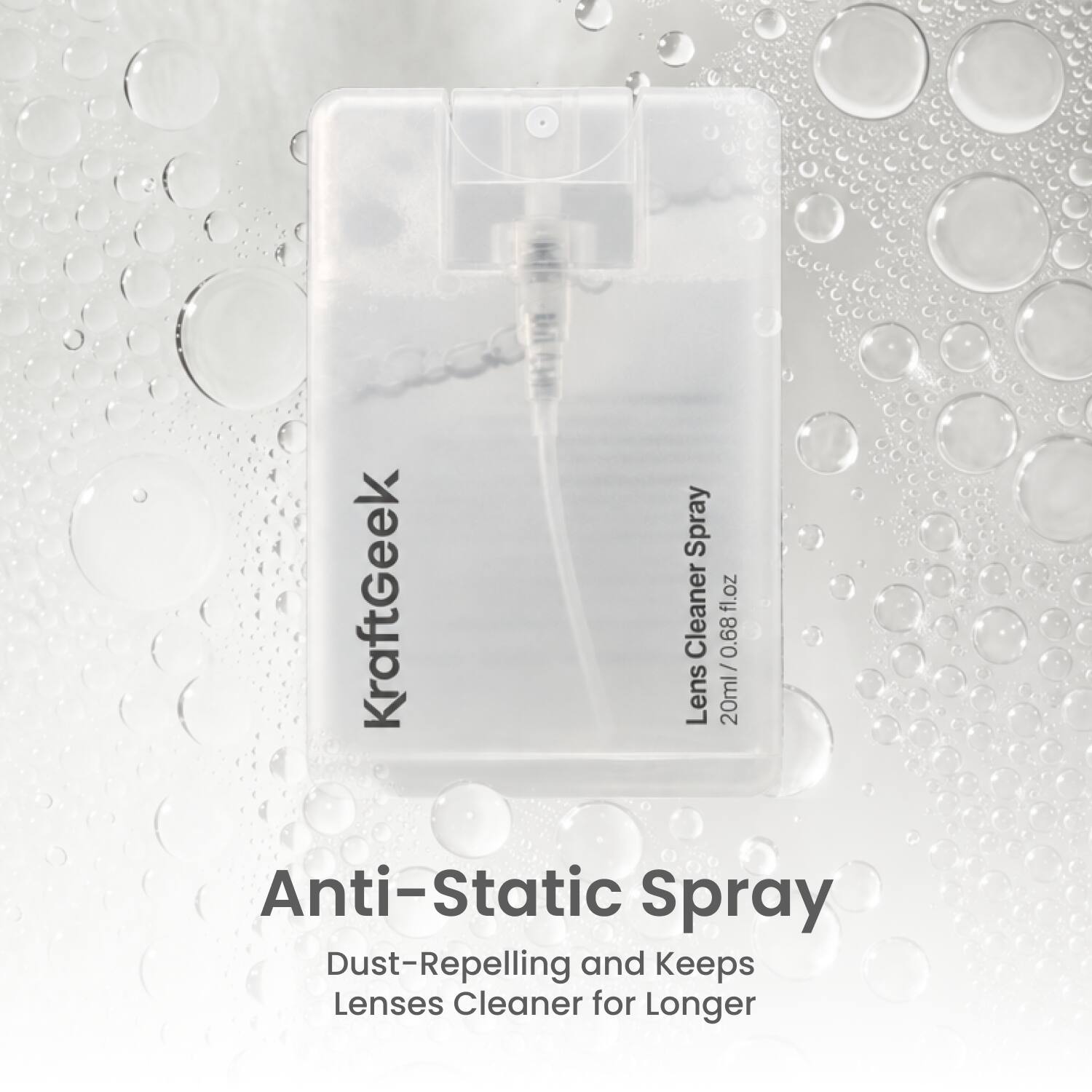 KraftGeek Lens Cleaner Spray  
20ml / 0.68 fl.oz  

Anti-Static Spray  
Dust-Repelling and Keeps Lenses Cleaner for Longer
