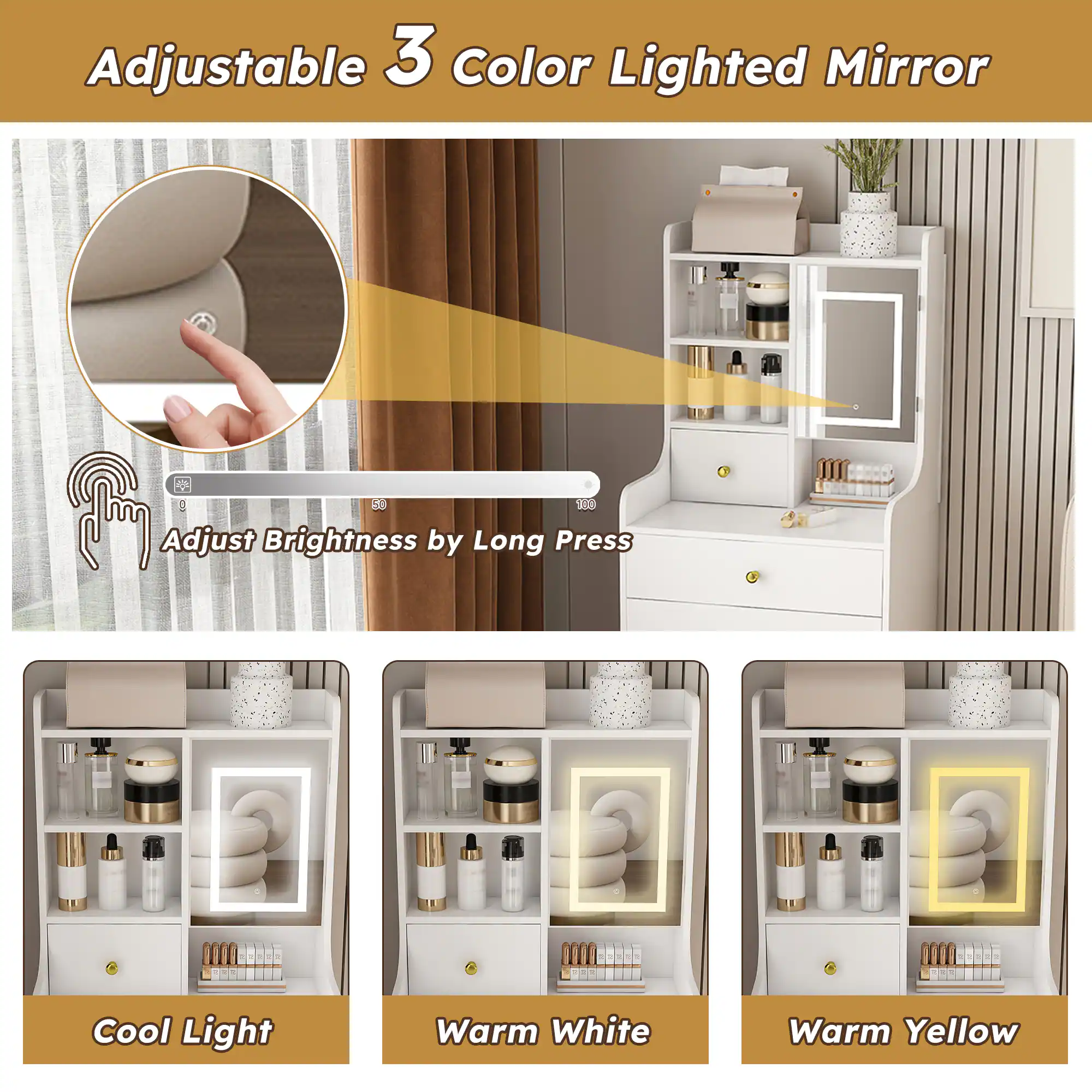 Adjustable 3 Color Lighted Mirror

Adjust Brightness by Long Press

Cool Light

Warm White

Warm Yellow