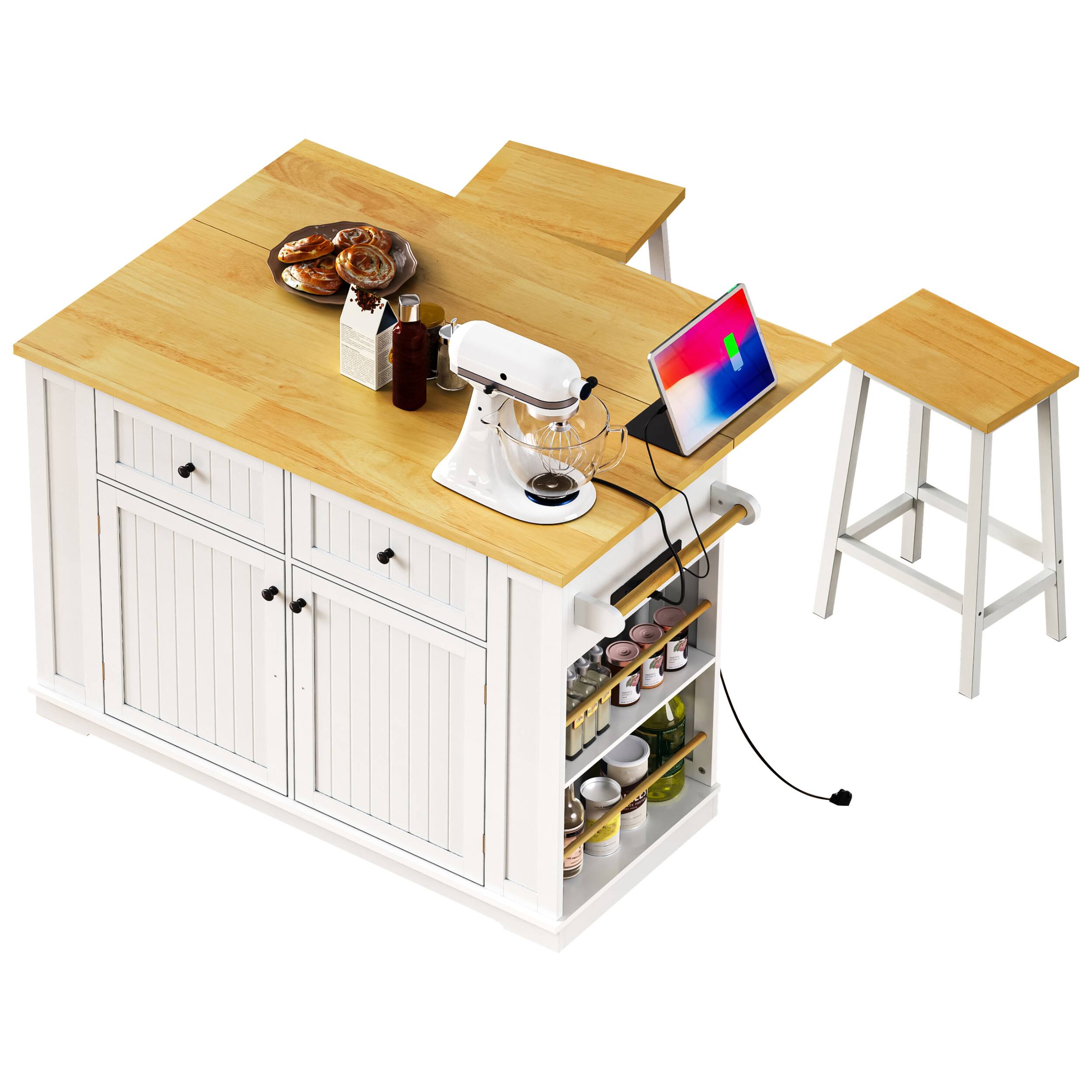 Alt View 1. Forest'nSky - 48" Rolling Kitchen Island with Drop Leaf, Power Outlet, Internal Storage Rack, and 5 Open Side Racks, White - White.
