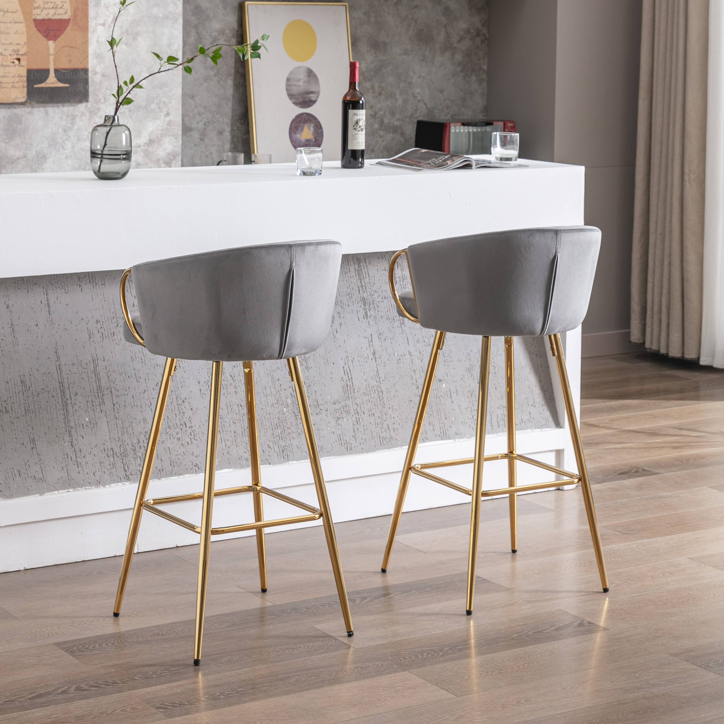 Angle. APRILSOUL - 30 Inch Set of 2 Bar Stools Chrome Footrest Base Velvet Golden Leg Simple GRAY - Gray.