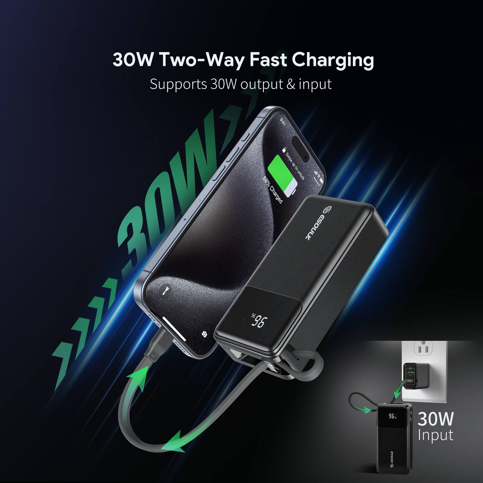 30W Two-Way Fast Charging, Supports 30W output & input, 30W Input