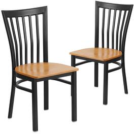 Emma + Oliver - 2 Pack School House Back Metal Restaurant Chair - Natural Wood Seat/Black Metal Frame