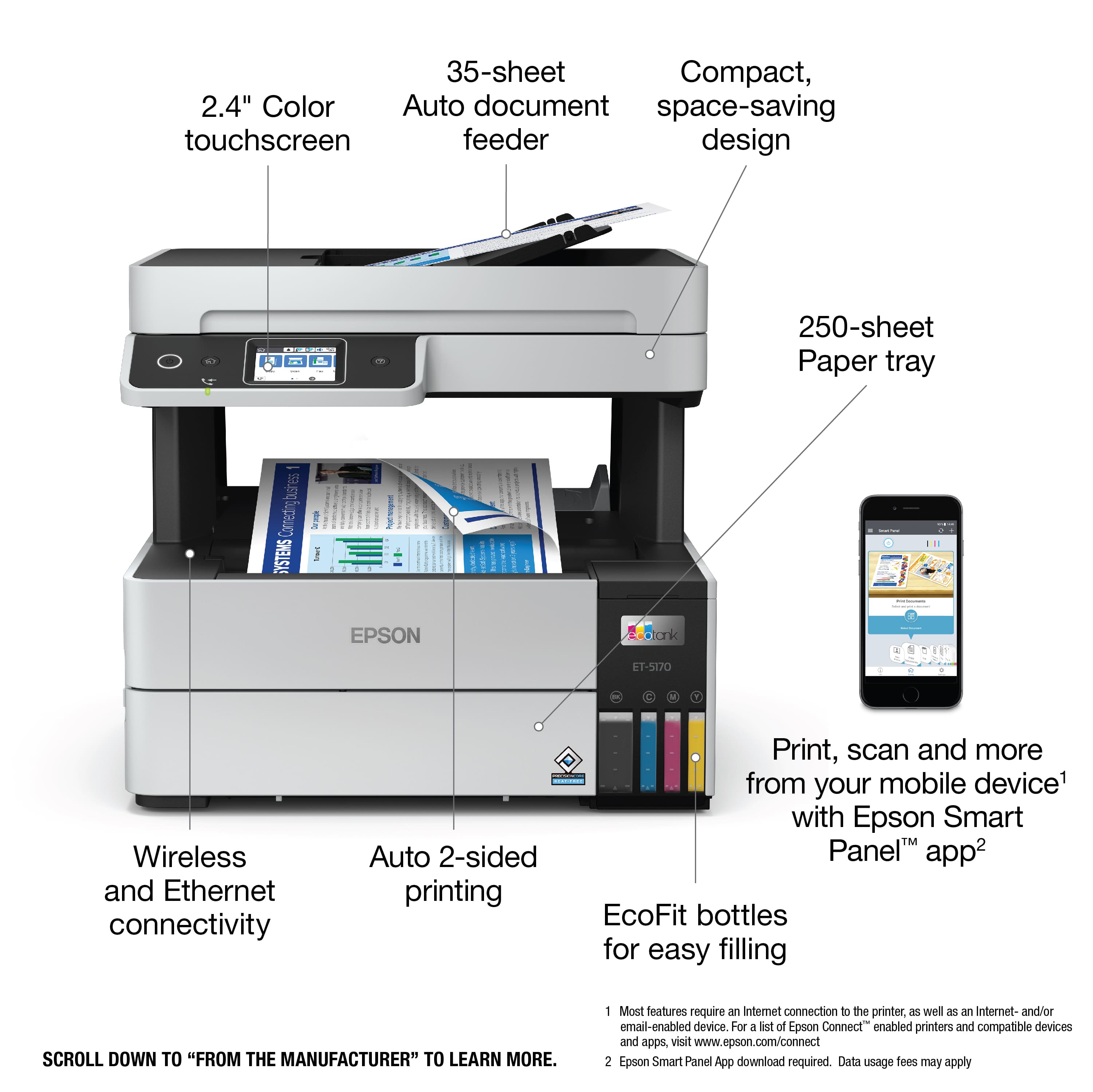 The image features an Epson printer with a touchscreen and a paper tray. The printer has a compact design and can print on 35-sheet paper. It also has wireless and Ethernet connectivity, allowing for easy printing, scanning, and more from a mobile device using the Epson Smart Panel app. Additionally, the printer is equipped with EcoFit bottles for easy filling. The image also includes a cell phone, which can be used to print, scan, and more from the printer. The printer is designed to save space and is suitable for office use.