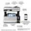The image features an Epson printer with a touchscreen and a paper tray. The printer has a compact design and can print on 35-sheet paper. It also has wireless and Ethernet connectivity, allowing for easy printing, scanning, and more from a mobile device using the Epson Smart Panel app. Additionally, the printer is equipped with EcoFit bottles for easy filling. The image also includes a cell phone, which can be used to print, scan, and more from the printer. The printer is designed to save space and is suitable for office use.
