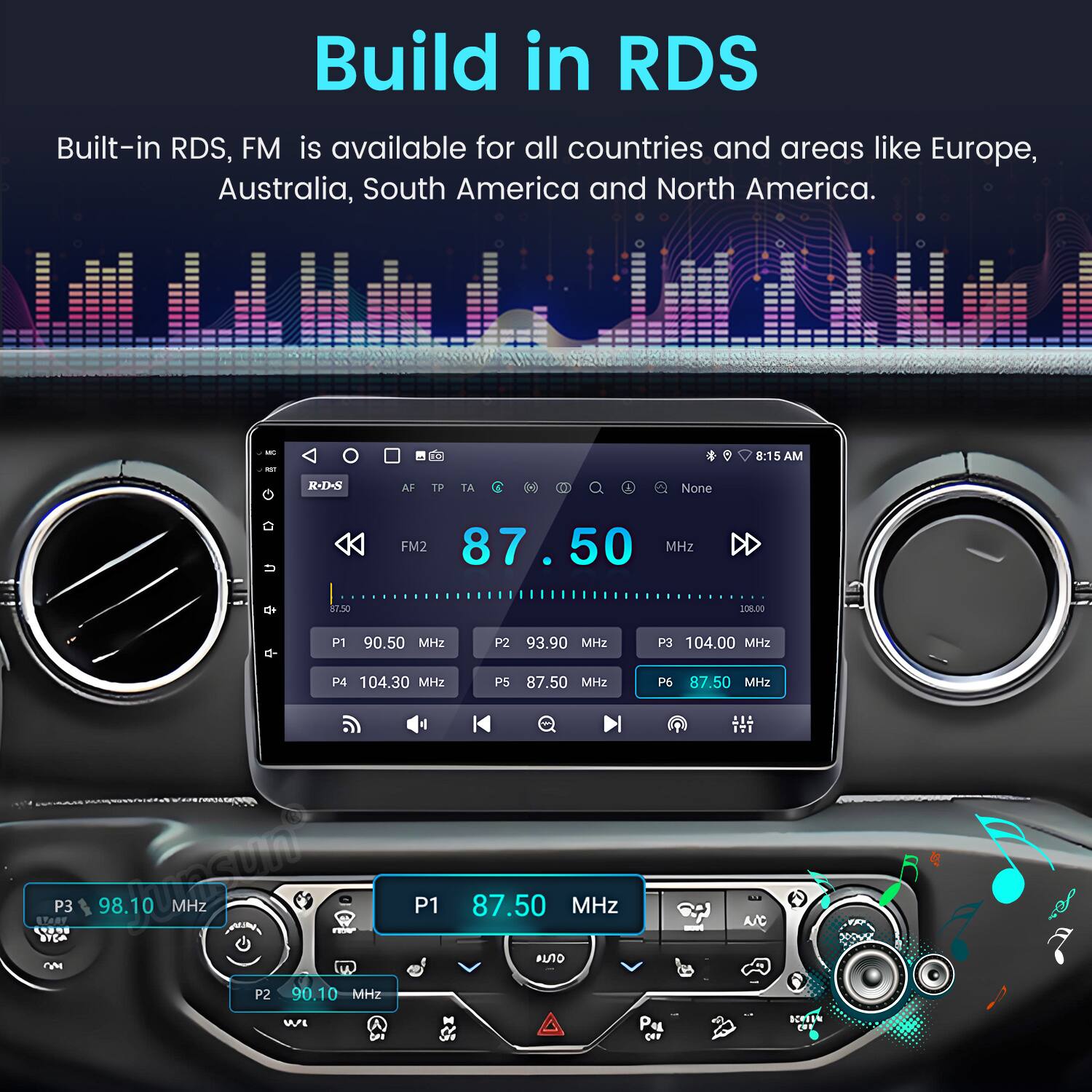 Build in RDS

Built-in RDS, FM is available for all countries and areas like Europe, Australia, South America and North America.