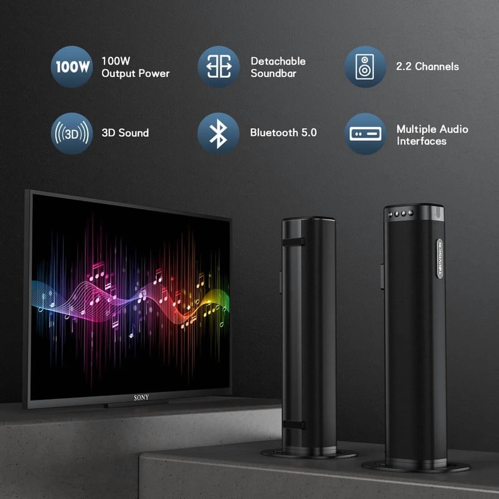 - 100W Output Power
- 3D Sound
- Detachable Soundbar
- 2.2 Channels
- Bluetooth 5.0
- Multiple Audio Interfaces
- Sony