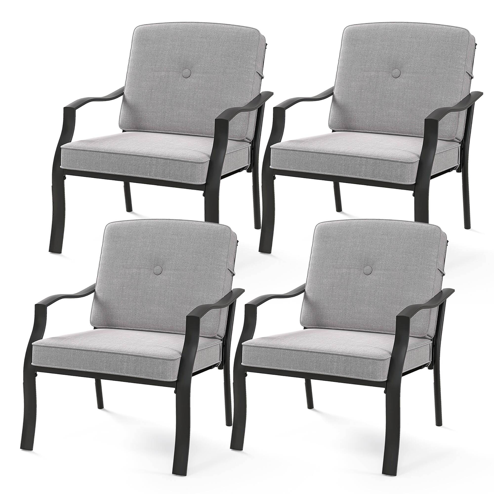 Gymax - 4PCS Metal Chairs Outdoor Dining Seat Heavy Duty w/ Cushions Garden Patio Gray - Black