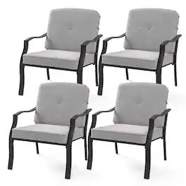 Gymax - 4PCS Metal Chairs Outdoor Dining Seat Heavy Duty w/ Cushions Garden Patio Gray - Black