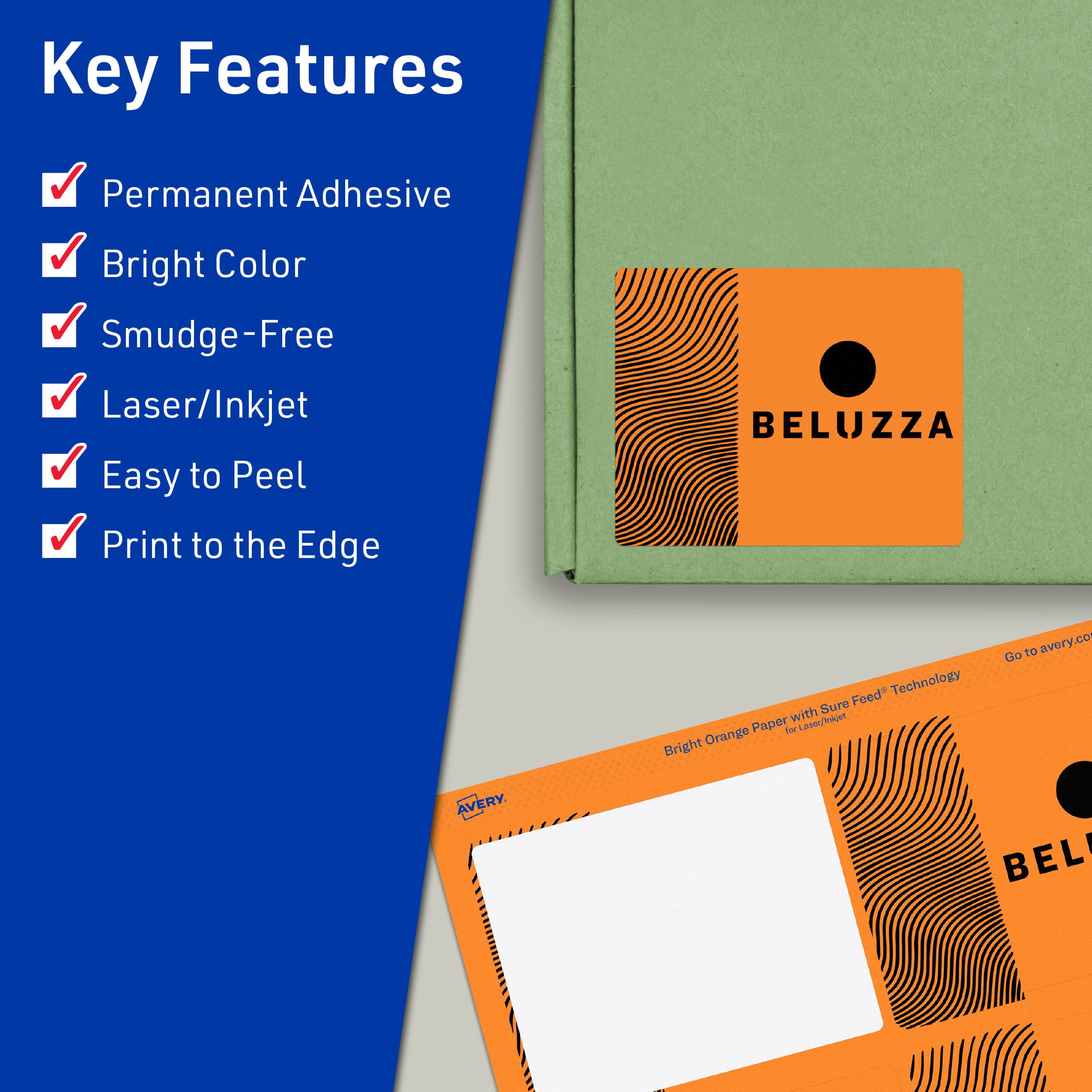 Key Features  
- Permanent Adhesive  
- Bright Color  
- Smudge-Free  
- Laser/Inkjet  
- Easy to Peel  
- Print to the Edge  

BELUZZA Feed Technology with Sure Paper for Laser/Inkjet  

Bright Orange Paper with Sure Feed™ Technology  

Go to avery.com  

AVERY