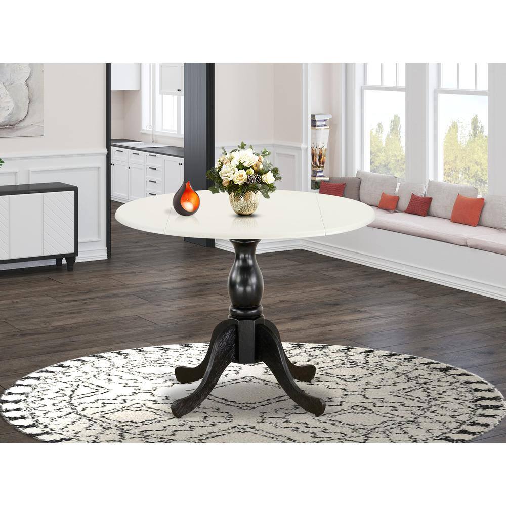 Angle. East West Furniture - East West Furniture Round Kitchen Table with Drop Leaves - Linen White Table Top and Black Pedestal Leg Finish - Multi-Color.