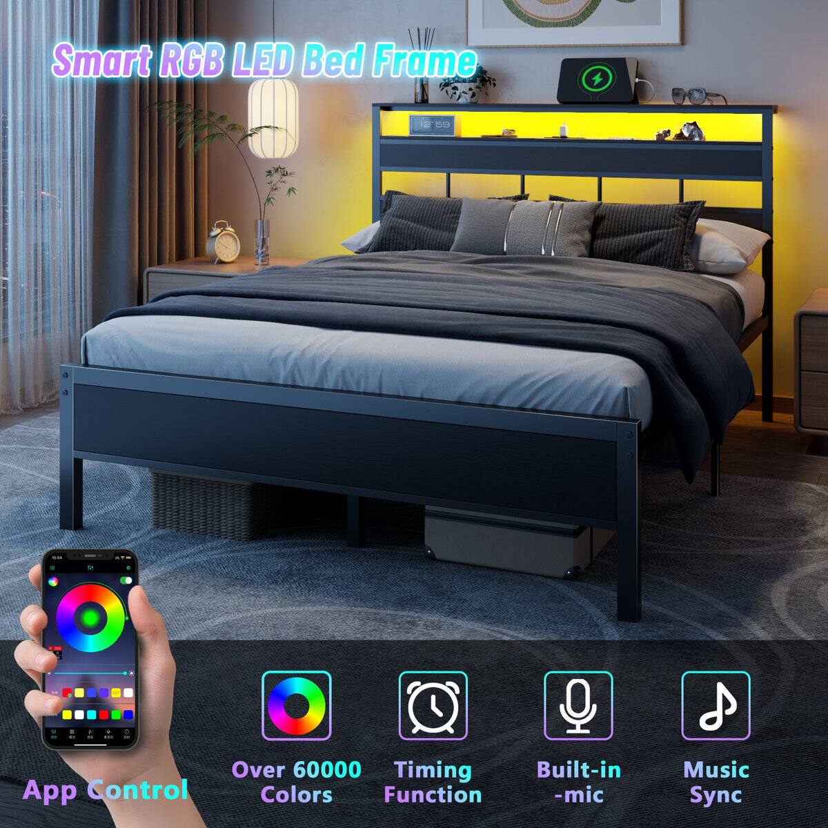 Smart RGB LED Bed Frame

- Over 60000 Colors
- Timing Function
- Built-in Mic
- Music Sync
- App Control