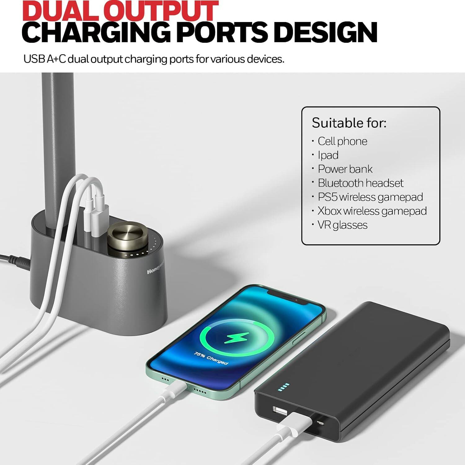 DUAL OUTPUT CHARGING PORTS DESIGN

USB A+C dual output charging ports for various devices.

Suitable for:
- Cell phone
- Ipad
- Power bank
- Bluetooth headset
- PS5 wireless gamepad
- Xbox wireless gamepad
- VR glasses