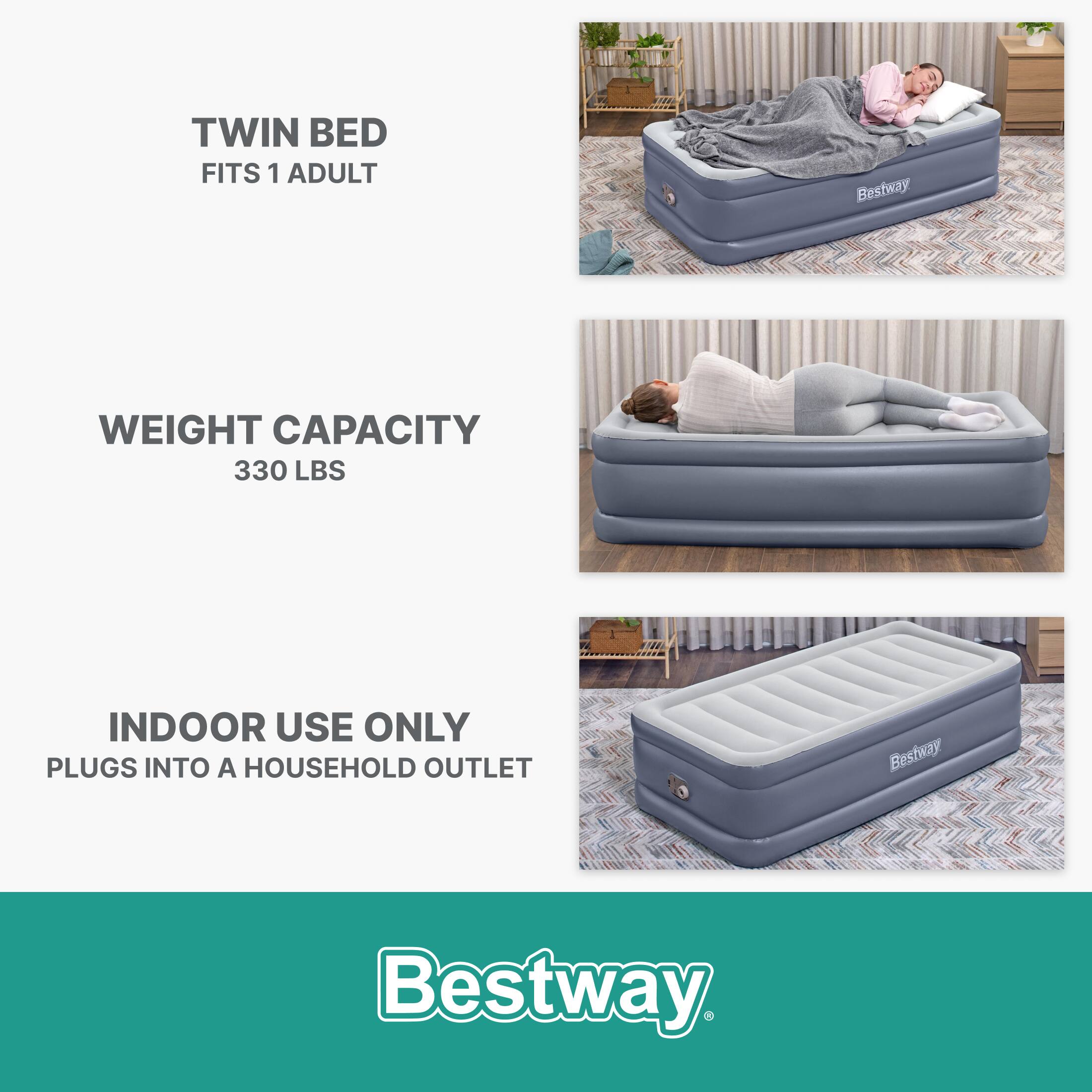 TWIN BED FITS 1 ADULT

WEIGHT CAPACITY 330 LBS

INDOOR USE ONLY PLUGS INTO A HOUSEHOLD OUTLET

Bestway