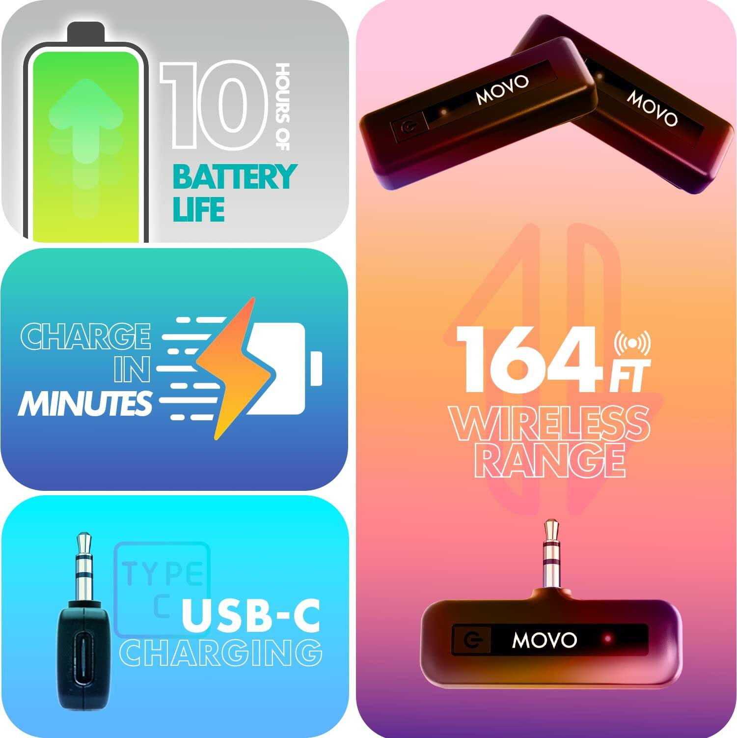- 10 hours of battery life
- Charge in minutes
- 164 ft wireless range
- Type C USB-C charging
- MOVO