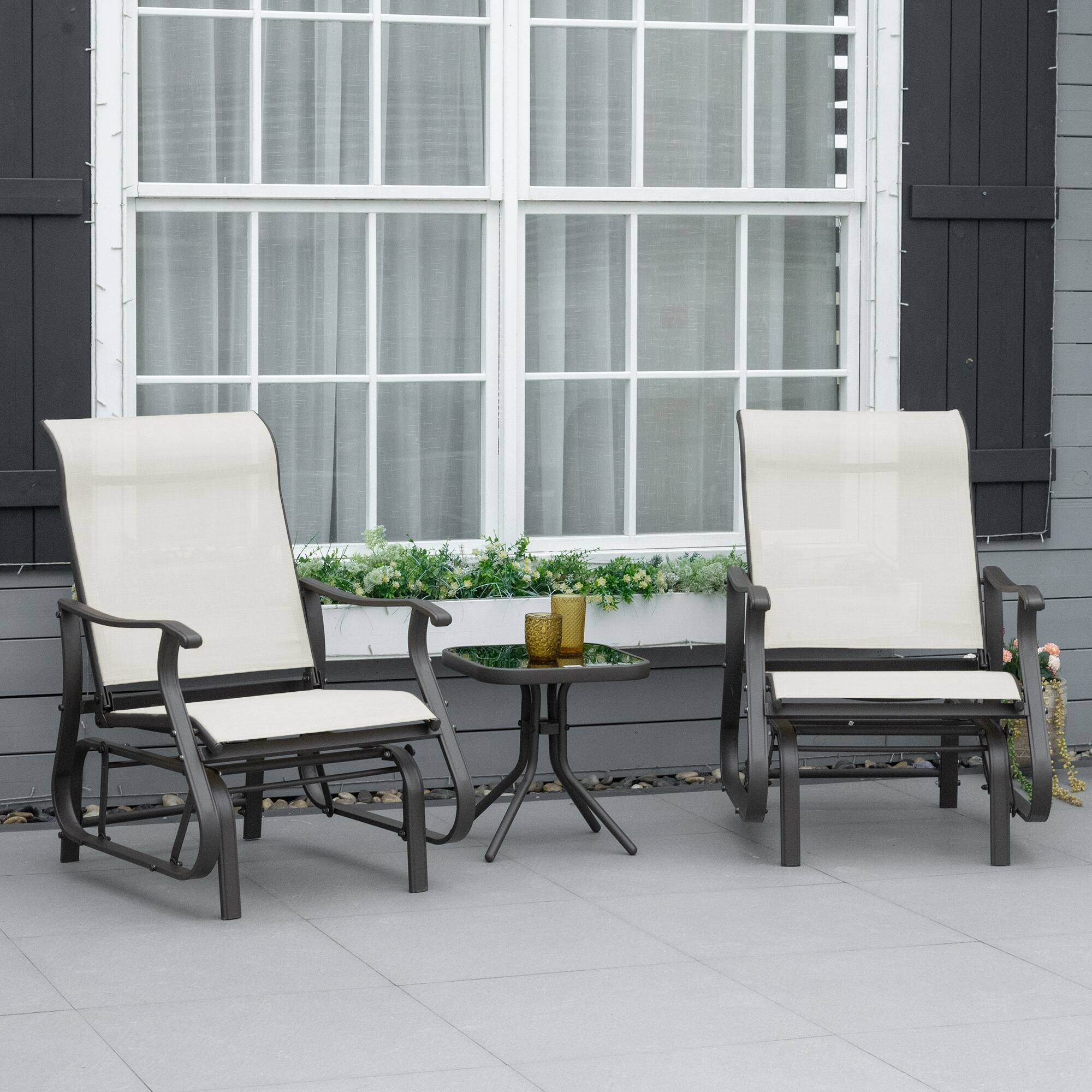 Alt View 1. Outsunny - Outdoor Gliders Set Bistro Set with Steel Frame, Tempered Glass Top Table for Patio, Garden, Backyard, Lawn - Cream White.