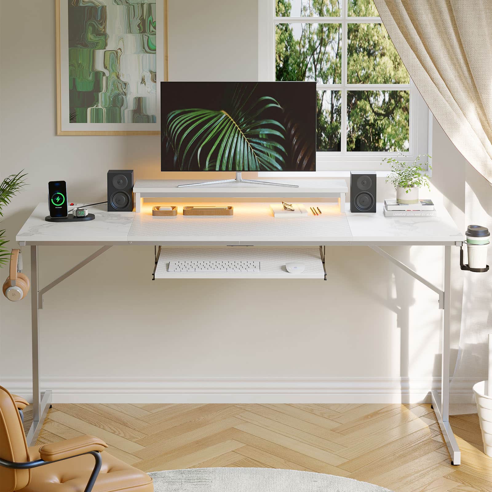 Alt View 13. Bestier - Bestier 63inch Gaming Desk with LED Lighting and Keyboard Tray - White.