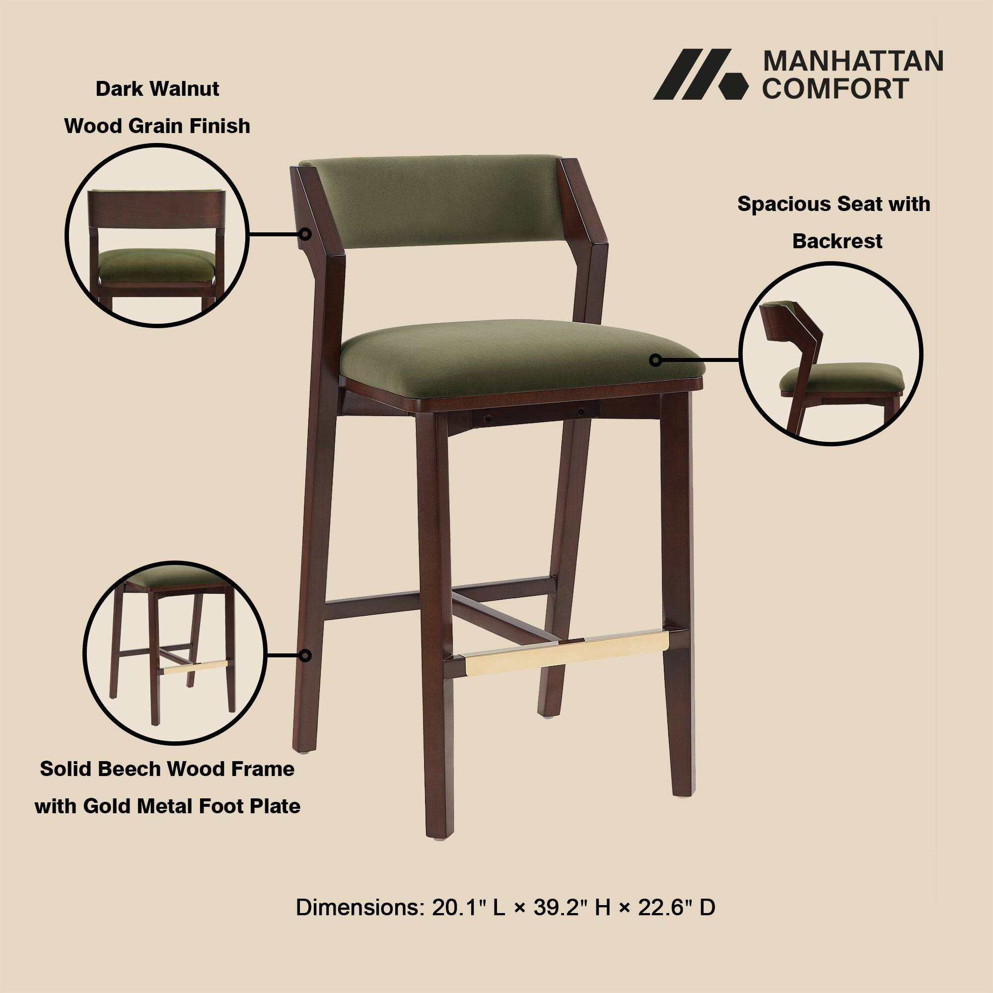Dark Walnut Wood Grain Finish  
MANHATTAN COMFORT  
Spacious Seat with Backrest  
Solid Beech Wood Frame with Gold Metal Foot Plate  
Dimensions: 20.1"L x 39.2"H x 22.6"D