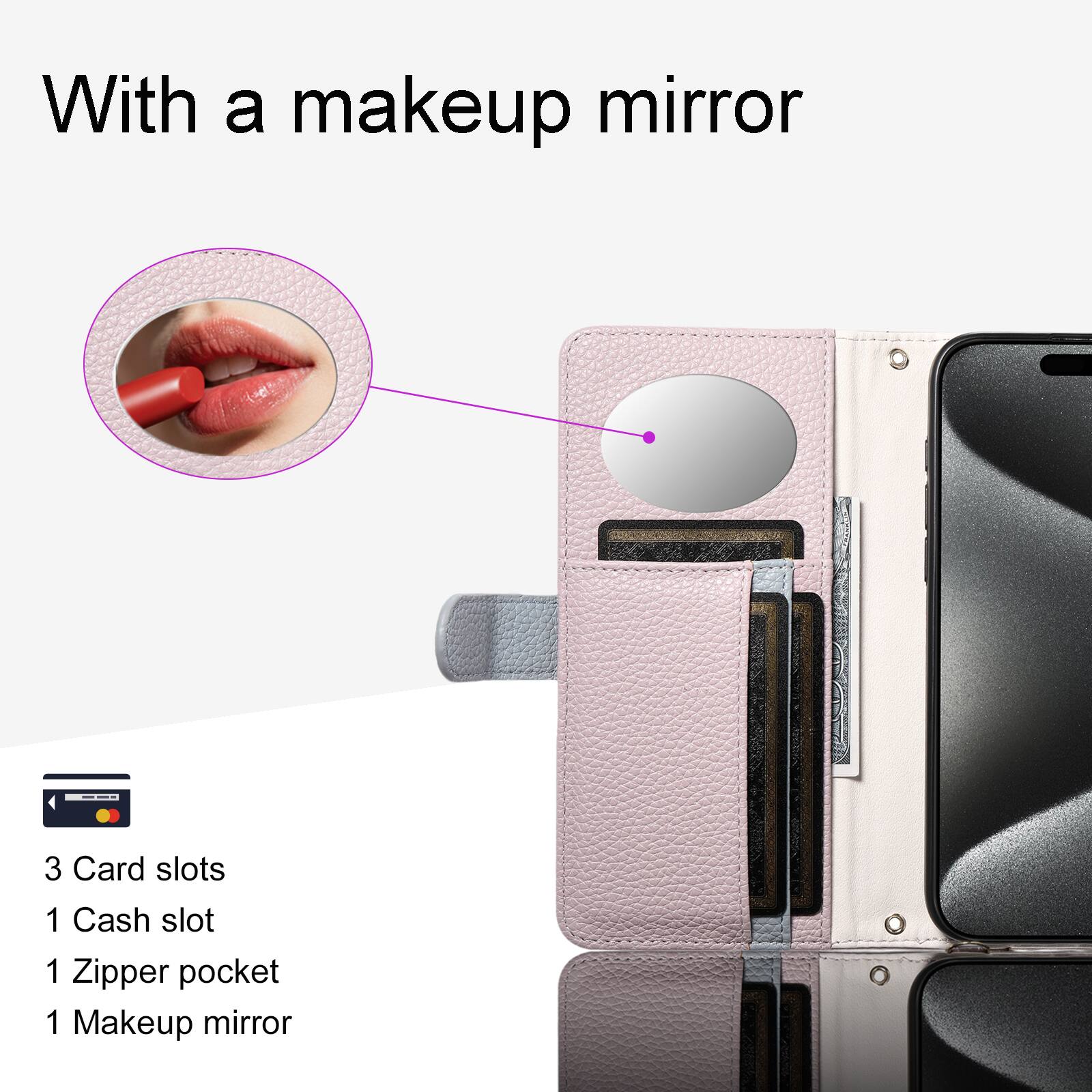 With a makeup mirror

3 Card slots  
1 Cash slot  
1 Zipper pocket  
1 Makeup mirror