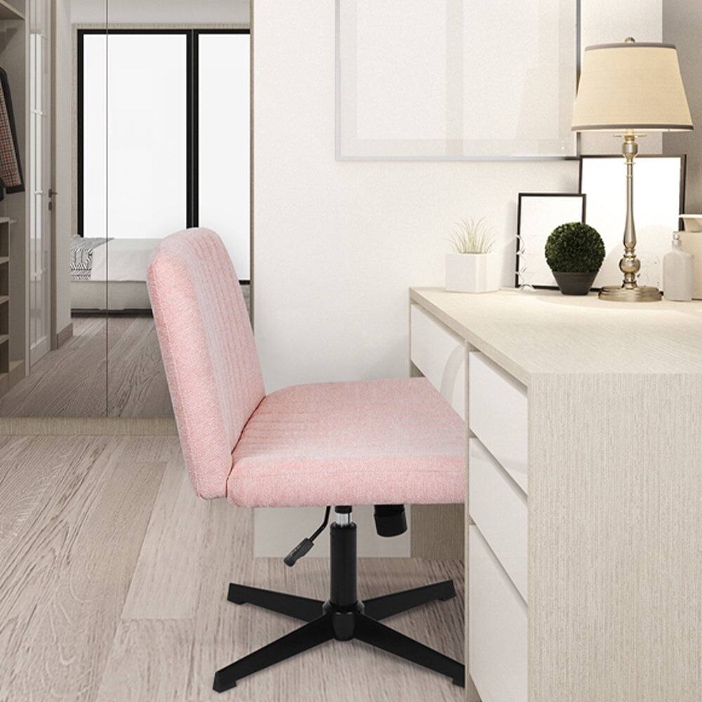Left. Neo Chair - Criss Cross Chair, No Wheels, Armless Cross-Legged Office Desk Chair, Fabric Vanity Makeup Chair with Wide Seat - Standard-Pink.