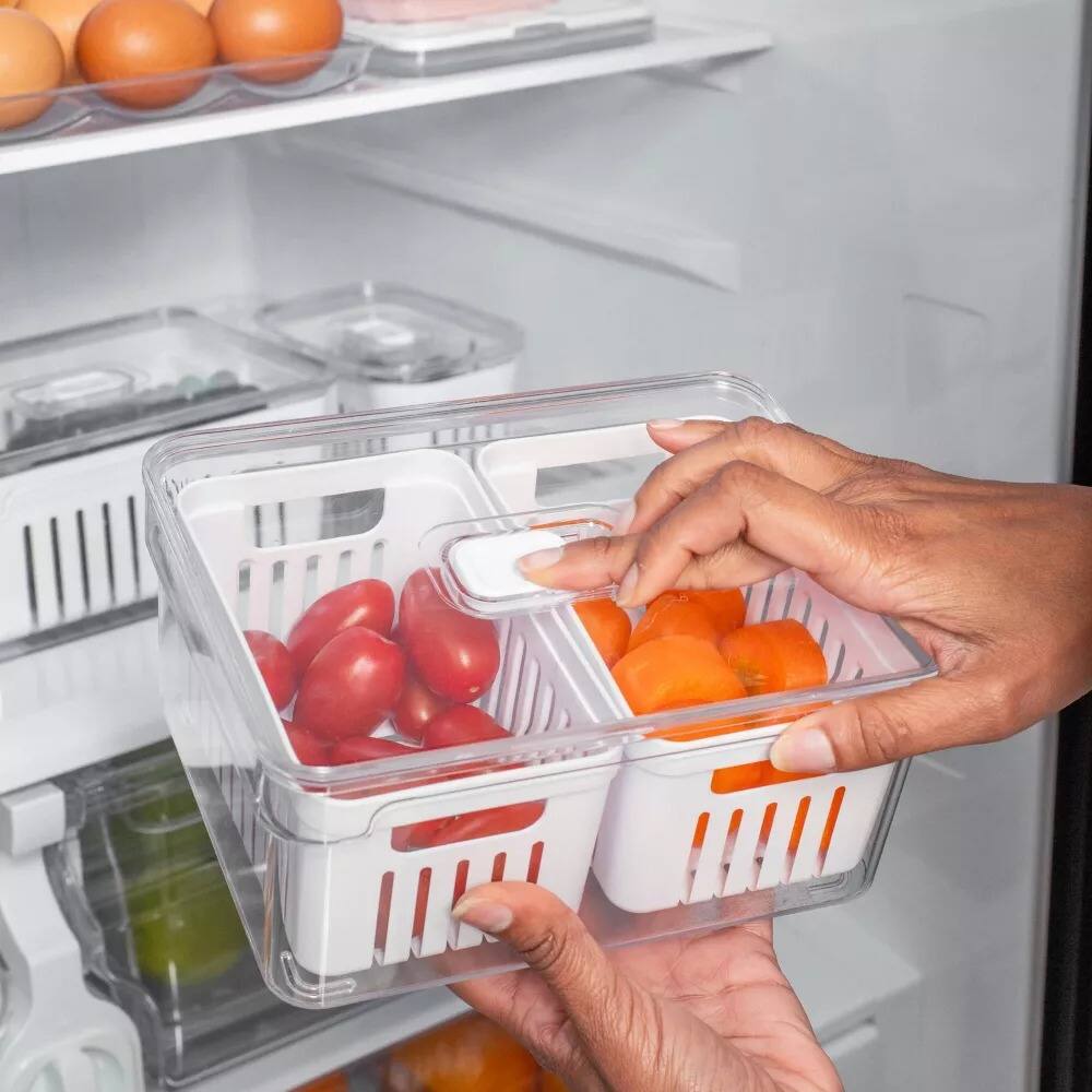 Alt View 8. OU - OU Fridge Organizer Bins with Drain Baskets & Vented Lids, Clear Stackable Refrigerator Container - Clear.