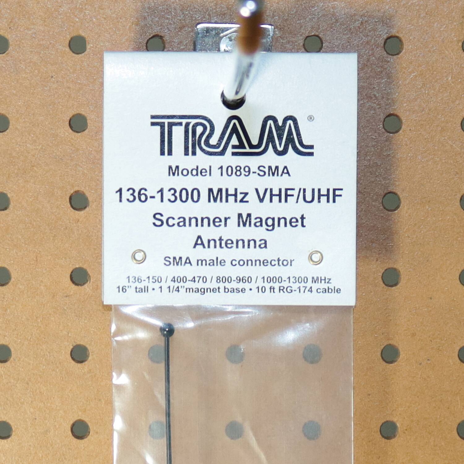 TRAM Model 1089-SMA  
136-1300 MHz VHF/UHF Scanner Magnet Antenna  
SMA male connector  
136-150 / 400-470 / 800-960 / 1000-1300 MHz  
16" tall  
1 1/4" magnet base  
10 ft RG-174 cable