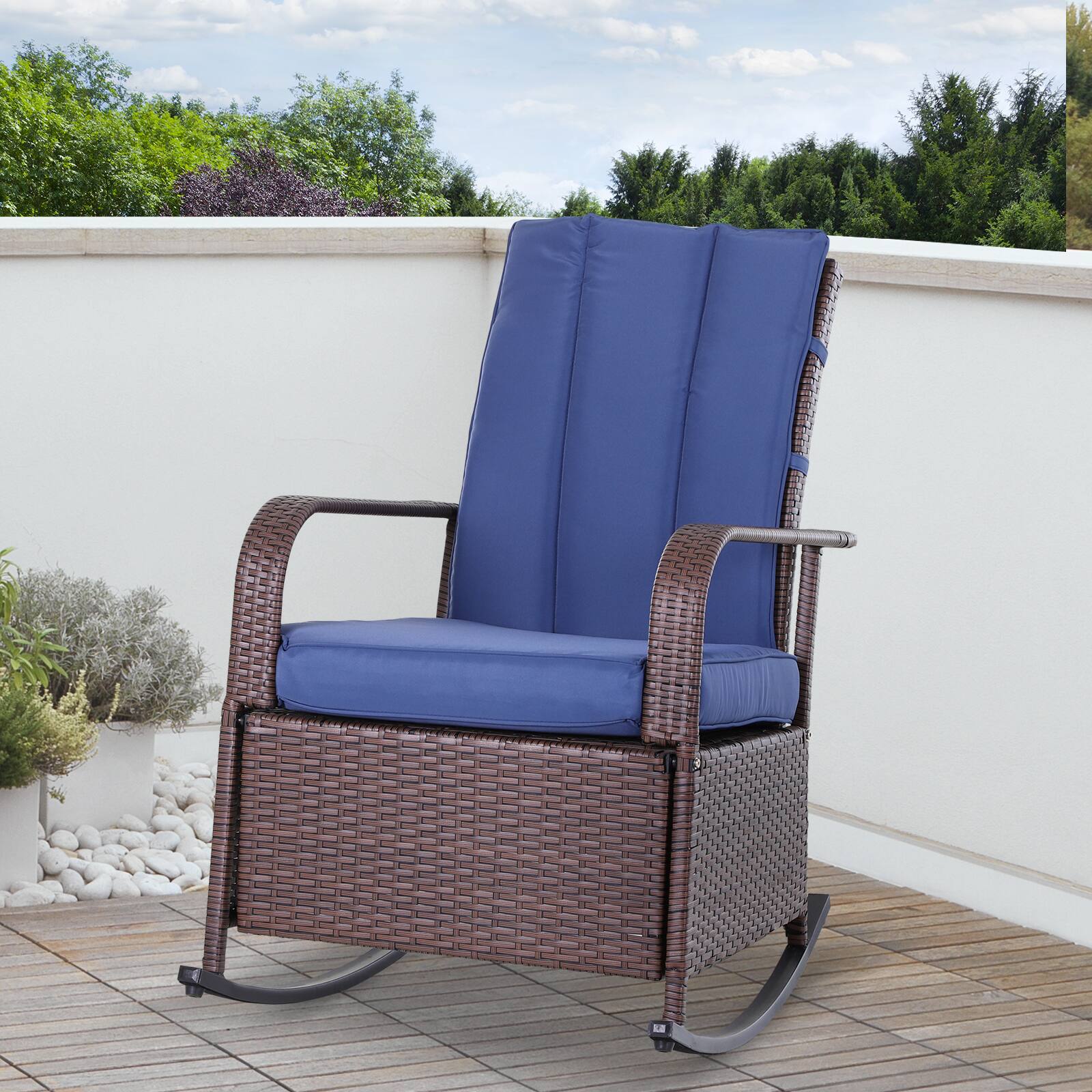 Alt View 1. Outsunny - Rattan Rocking Recliner with Footrest - Mixed Brown/Dark Blue.