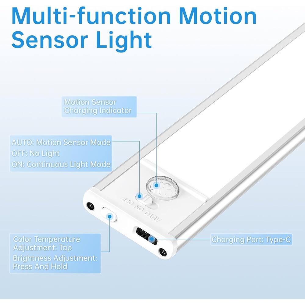 Multi-function Motion Sensor Light

- Motion Sensor Charging Indicator
- AUTO: Motion Sensor Mode
- OFF: No Light
- ON: Continuous Light Mode
- Color Temperature Adjustment: Tap
- Brightness Adjustment: Press And Hold
- Charging Port: Type-C