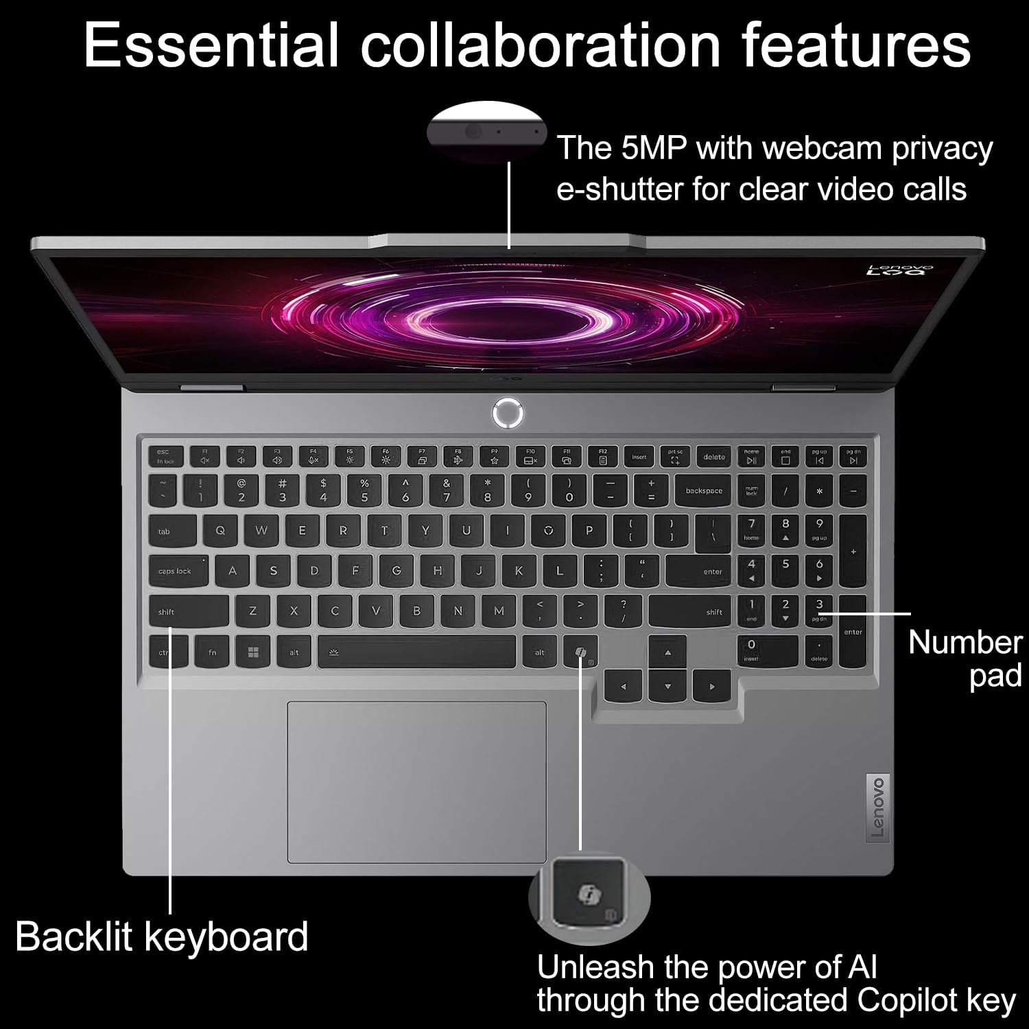 Essential collaboration features

The 5MP with webcam privacy e-shutter for clear video calls

Backlit keyboard

Number pad

Unleash the power of AI through the dedicated Copilot key