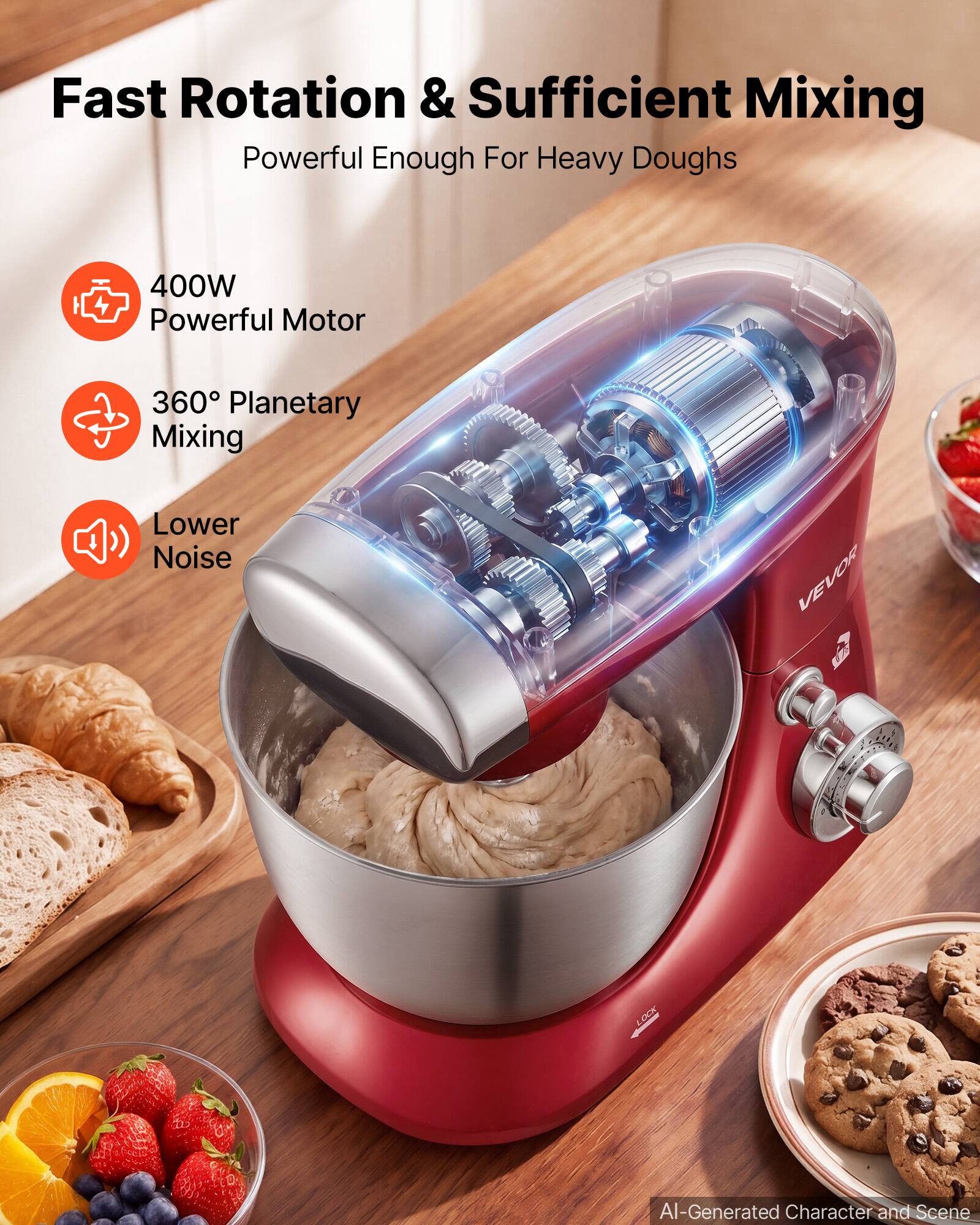 Fast Rotation & Sufficient Mixing  
Powerful Enough For Heavy Doughs  
400W Powerful Motor  
360° Planetary Mixing  
Lower Noise  
VEVOR  
AI-Generated Character and Scene