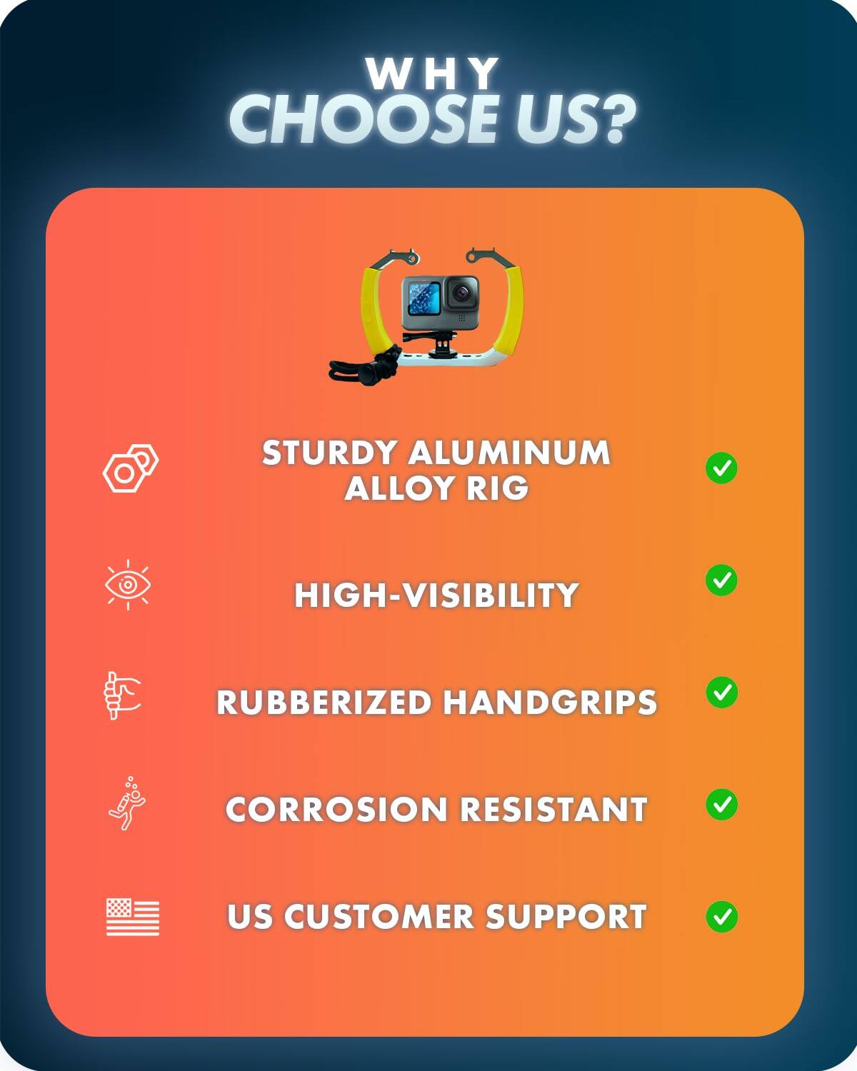 WHY CHOOSE US?
- STURDY ALUMINUM ALLOY RIG
- HIGH-VISIBILITY
- RUBBERIZED HANDGRIPS
- CORROSION RESISTANT
- US CUSTOMER SUPPORT