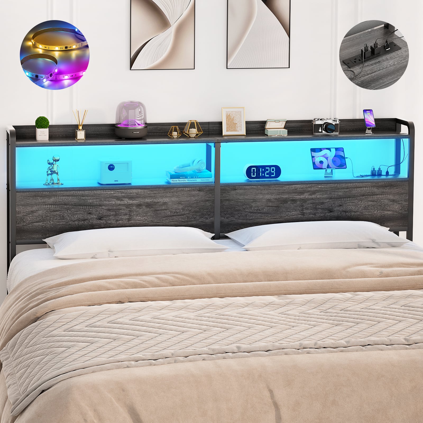 Aheaplus - Queen Headboard Only, Headboard with Power Outlets and LED Lights for Queen Size Bed, Easy Assembly - Gray Oak
