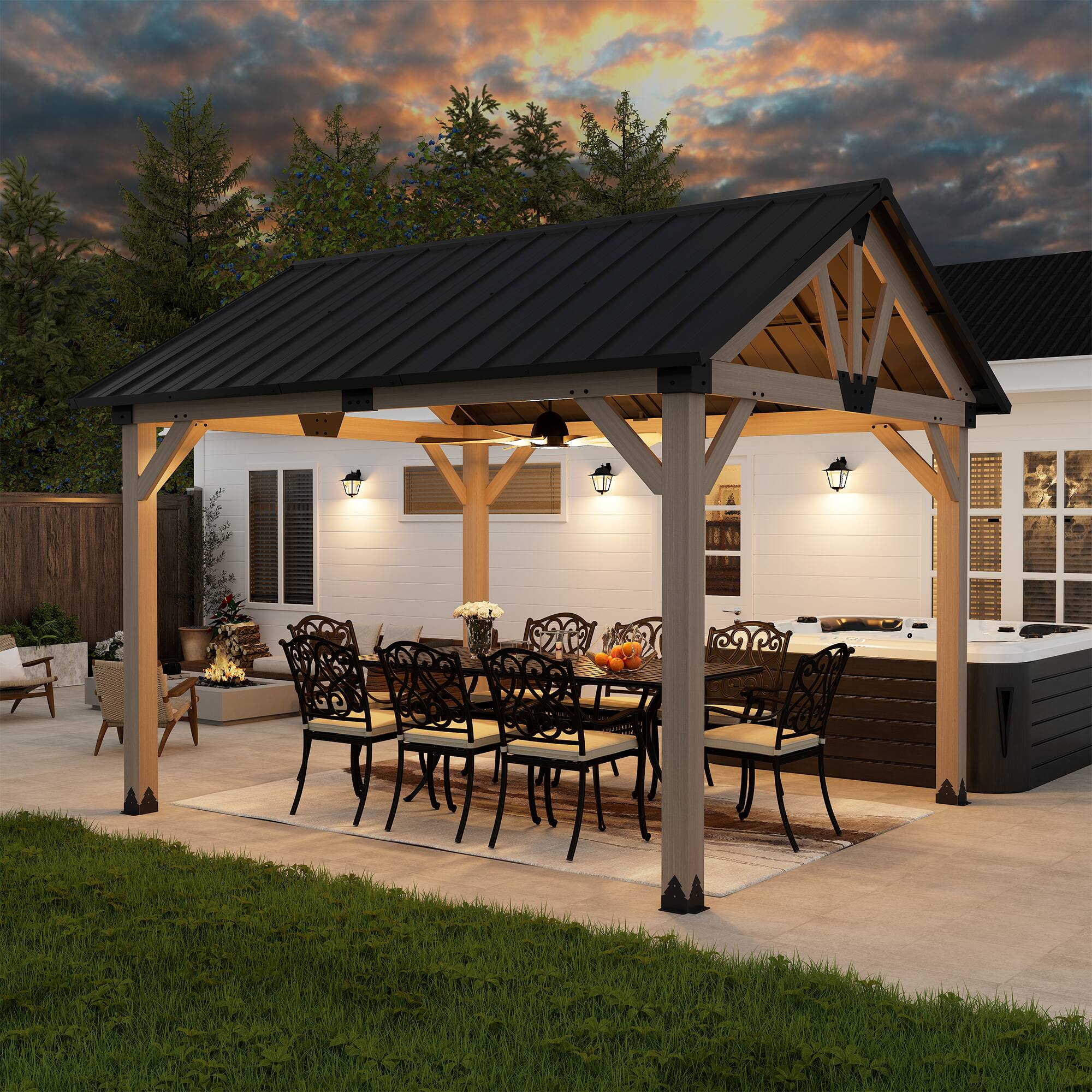 Left. Mondawe - 10x12 ft. Cedar Wood Gazebo with Galvanized Steel Gable Roof - Natural Wood.