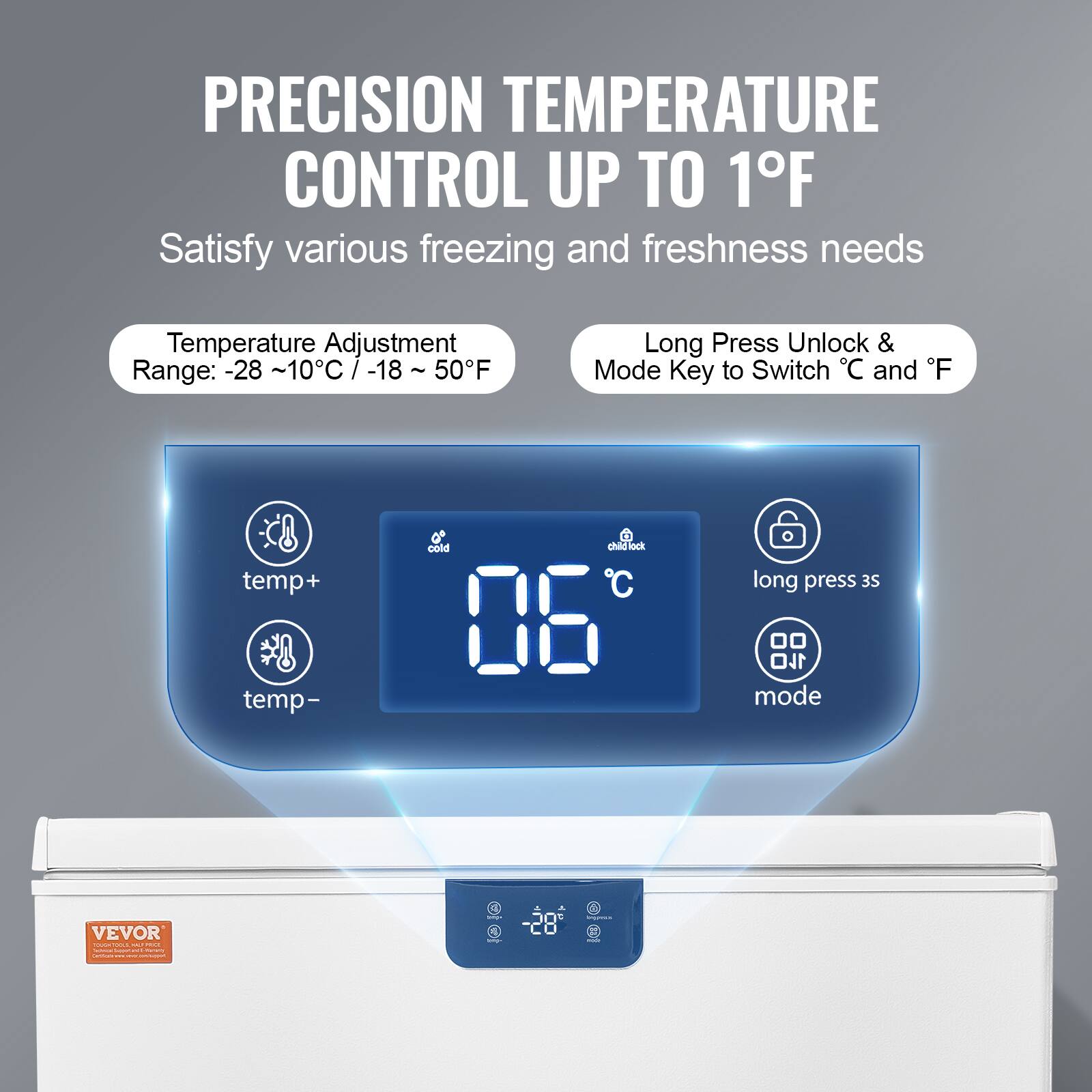 PRECISION TEMPERATURE CONTROL UP TO 1°F

Satisfy various freezing and freshness needs

Temperature Adjustment Range: -28 ~ 10°C / -18 ~ 50°F

Long Press Unlock & Mode Key to Switch °C and °F

temp+
temp-
cold
06°C
long press 3s
mode

VEVOR