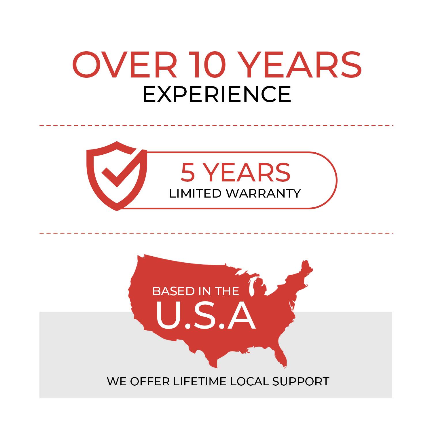 OVER 10 YEARS EXPERIENCE

5 YEARS LIMITED WARRANTY

BASED IN THE U.S.A

WE OFFER LIFETIME LOCAL SUPPORT