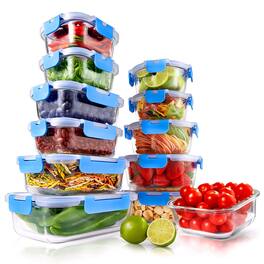 NutriChef - 24-Piece Glass Food Storage Containers, Stackable, Heavy Duty, Blue, Microwave & Dishwasher Safe (NCGLBU)