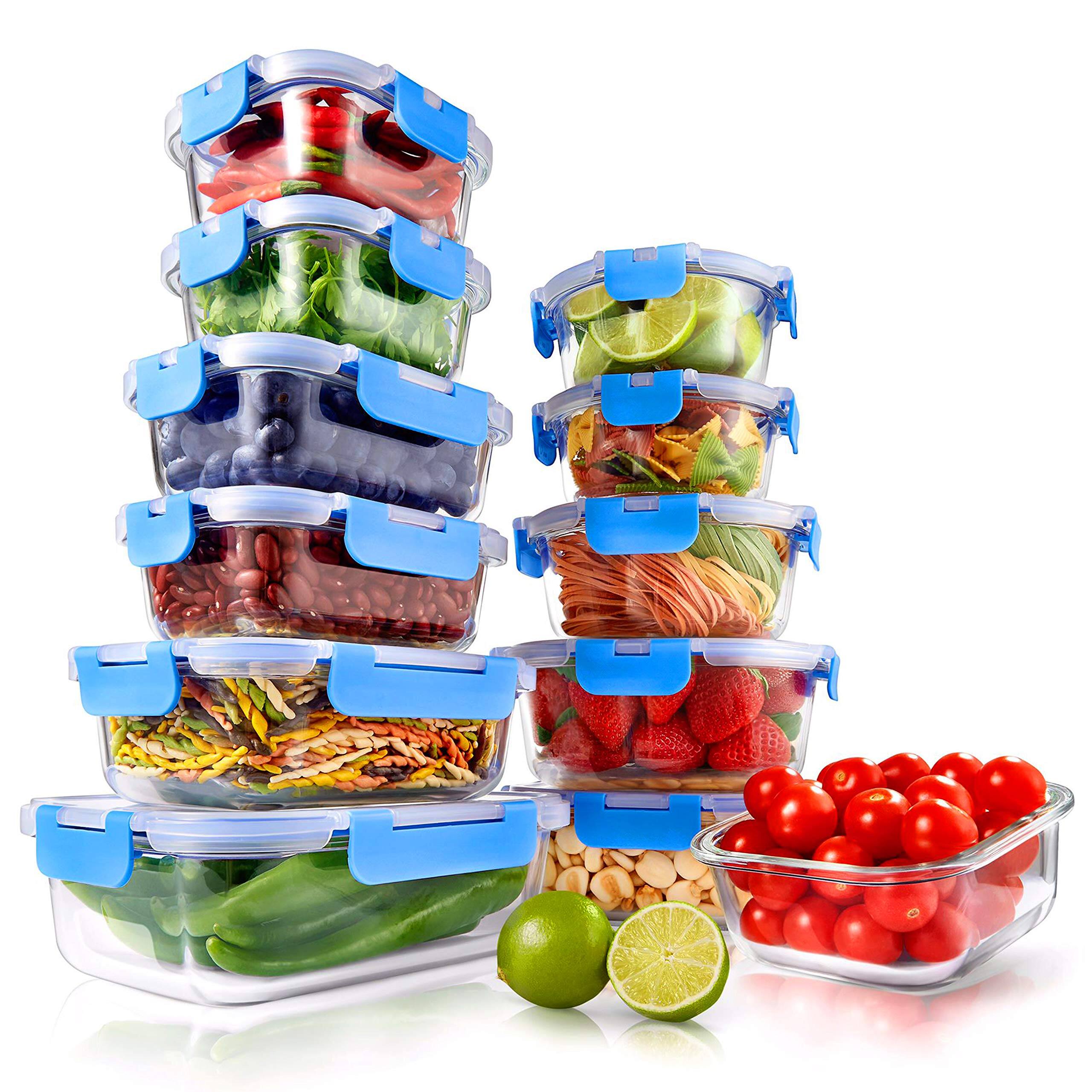 Front. NutriChef - NutriChef 24-Piece Glass Food Storage Containers, Stackable, Heavy Duty, Blue, Microwave & Dishwasher Safe (NCGLBU).
