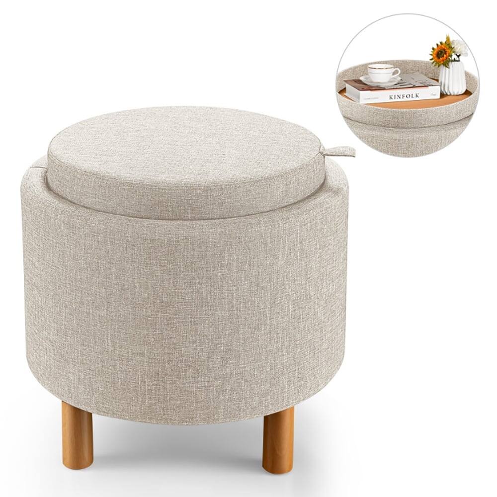 Angle. Kadyn - Ottoman Bench,Ottoman Foot Rest Chair,Round Fabric Storage Ottoman with Tray and Non-Slip Pads for Bedroom-Beige - Beige.