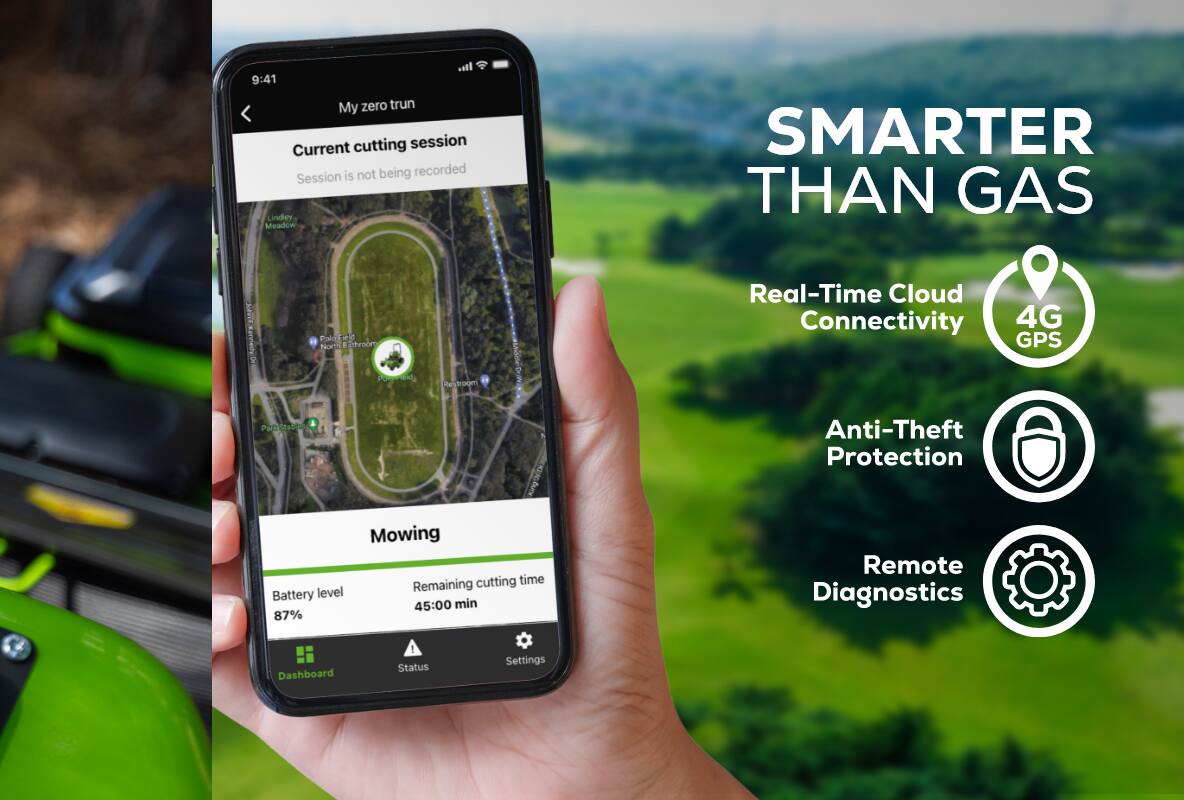 9:41 My zero trun Current cutting session is not being recorded Session Lindley Meadow SMARTER THAN GAS  Real-Time Cloud Connectivity 4G GPS Anti-Theft Protection Remote Diagnostics Dashboard ! Status Settings