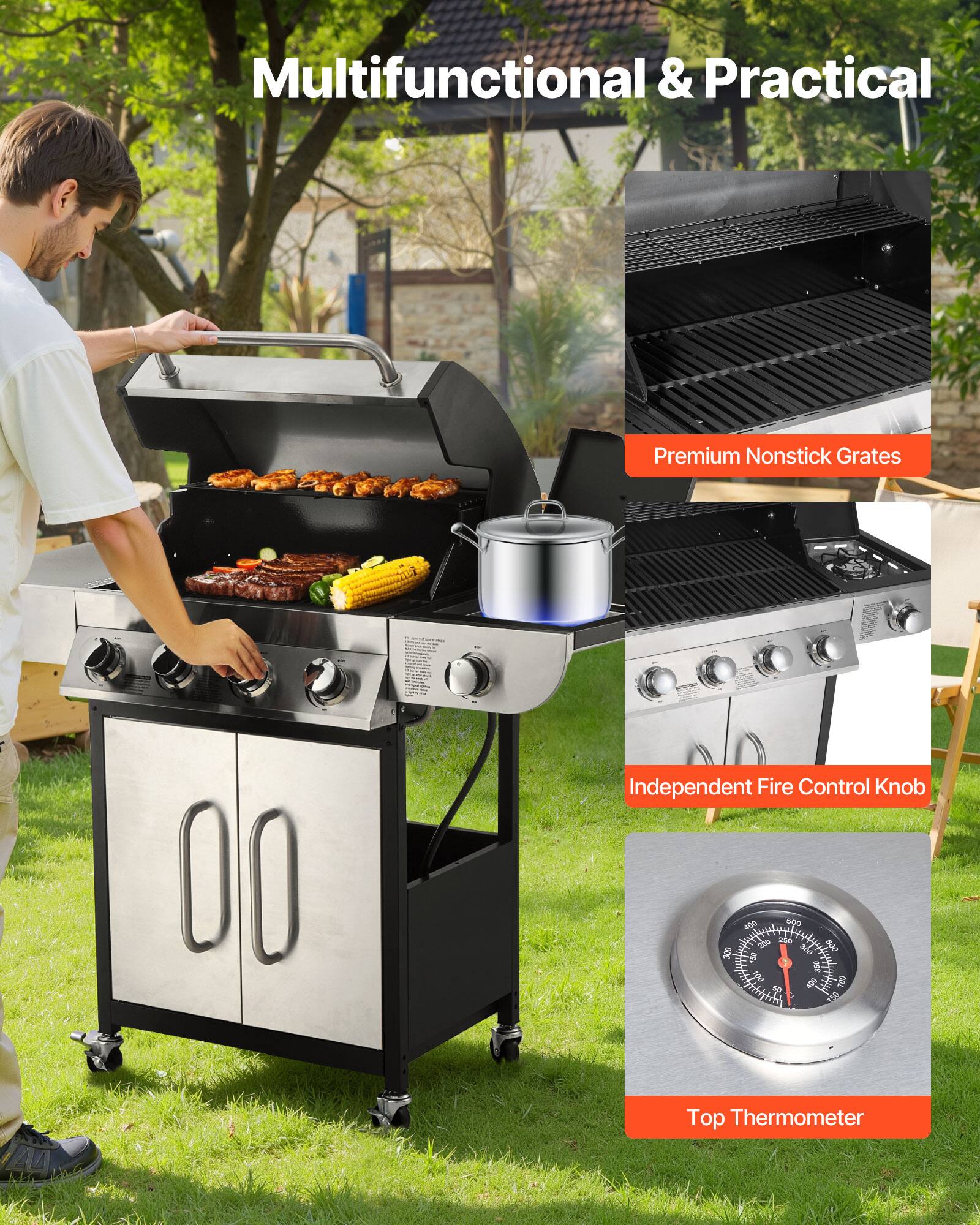 Multifunctional & Practical

- Premium Nonstick Grates
- Independent Fire Control Knob
- Top Thermometer
