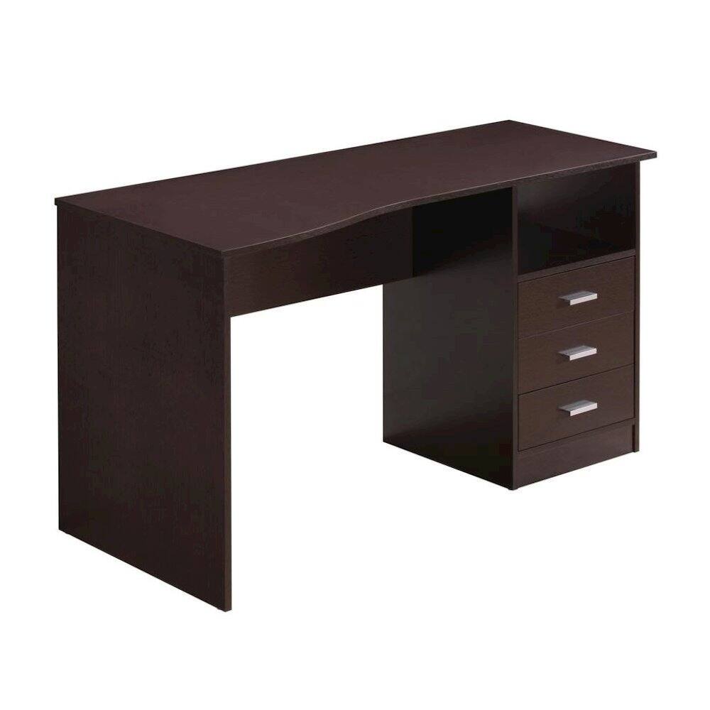 Back. FurniFact - Brown Wood Desk With 3 Storage Drawers And Shelf - Brown.