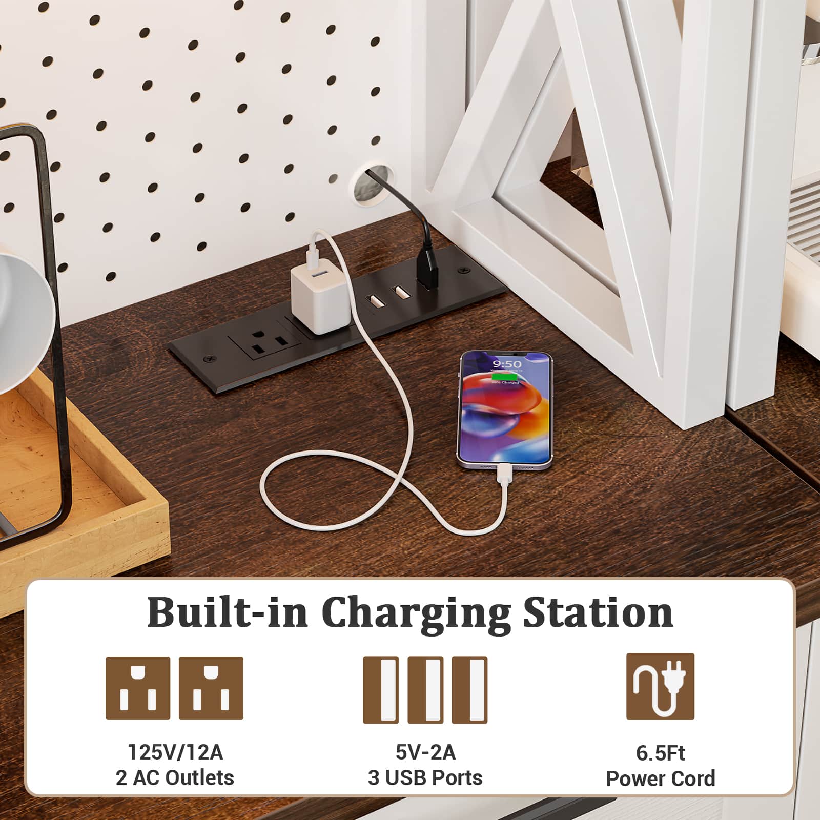 9:50

Built-in Charging Station

125V/12A  
2 AC Outlets  
5V-2A  
3 USB Ports  
6.5Ft Power Cord