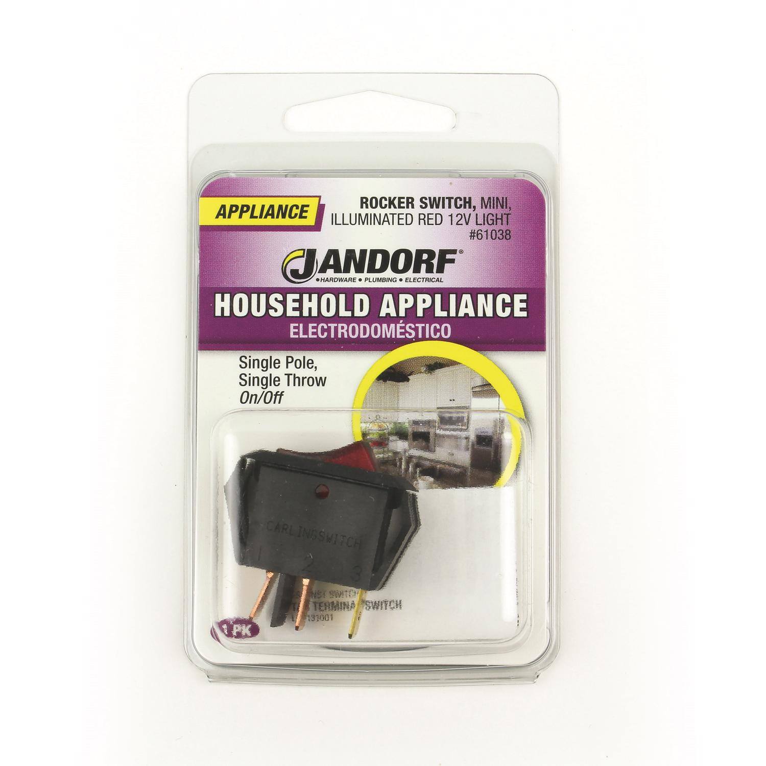 ROCKER SWITCH, MINI, ILLUMINATED RED 12V LIGHT #61038  
JANDORF HARDWARE - ELECTRICAL PLUMBING HOUSEHOLD APPLIANCE ELECTRODOMÉSTICO  
Single Pole, Single Throw On/Off  
CARLINGSWITCH 1 PK  
NBI SWITCH TERMINA SWITCH 131001