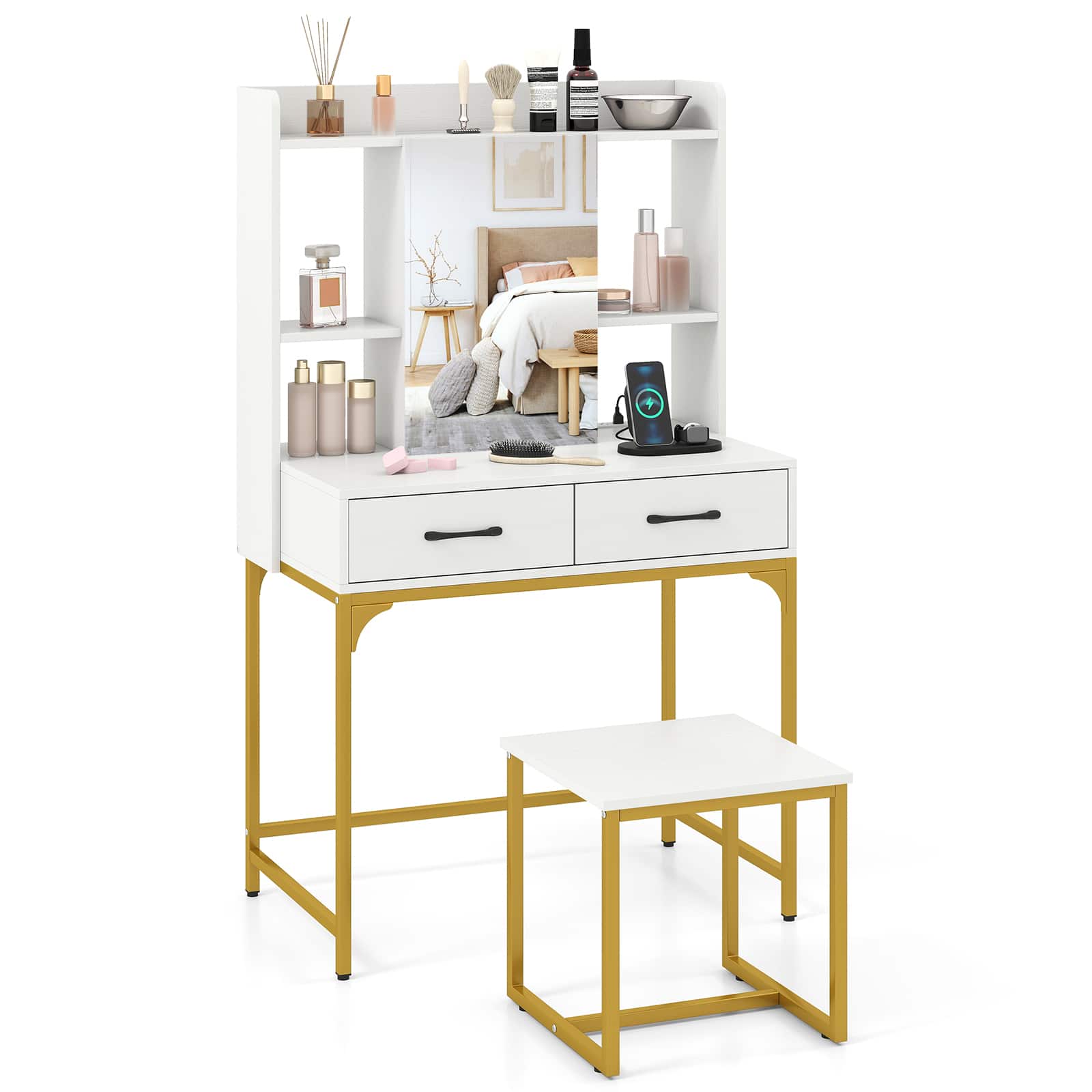 Gymax - Vanity Desk w/Power OutletsMirror Cabinet Shelves Storage Drawers for Bedroom - White