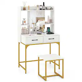 Gymax - Vanity Desk w/Power OutletsMirror Cabinet Shelves Storage Drawers for Bedroom - White